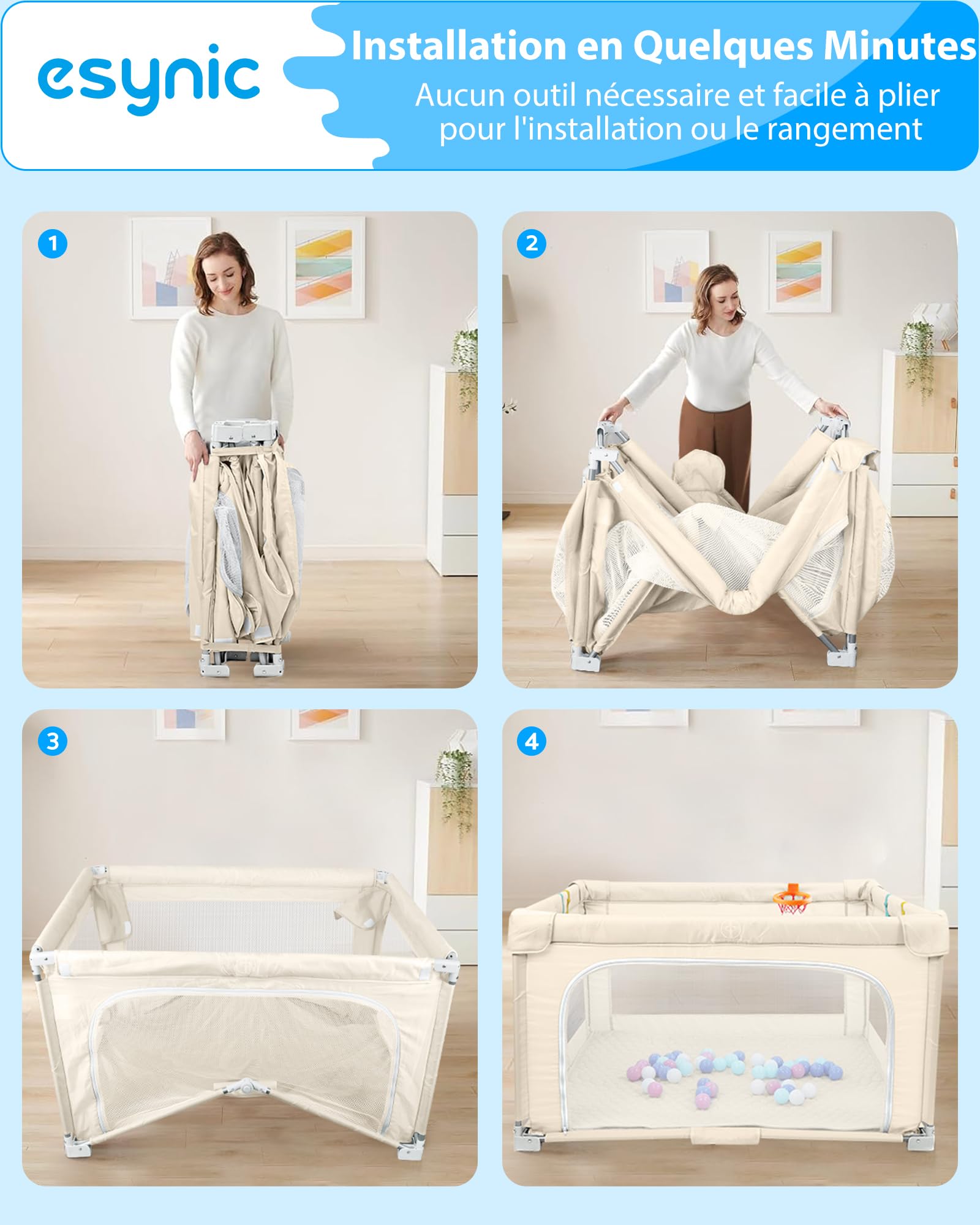 eSynic Parc Bébé Pliable 127 × 127 cm avec Tapis Sac de Rangement Balle Océanique Panier de Basket Parc de Jeux Bébé Portable Usage Intérieur et Extérieur Maille Respirante Tissu Oxford 210D -Beige