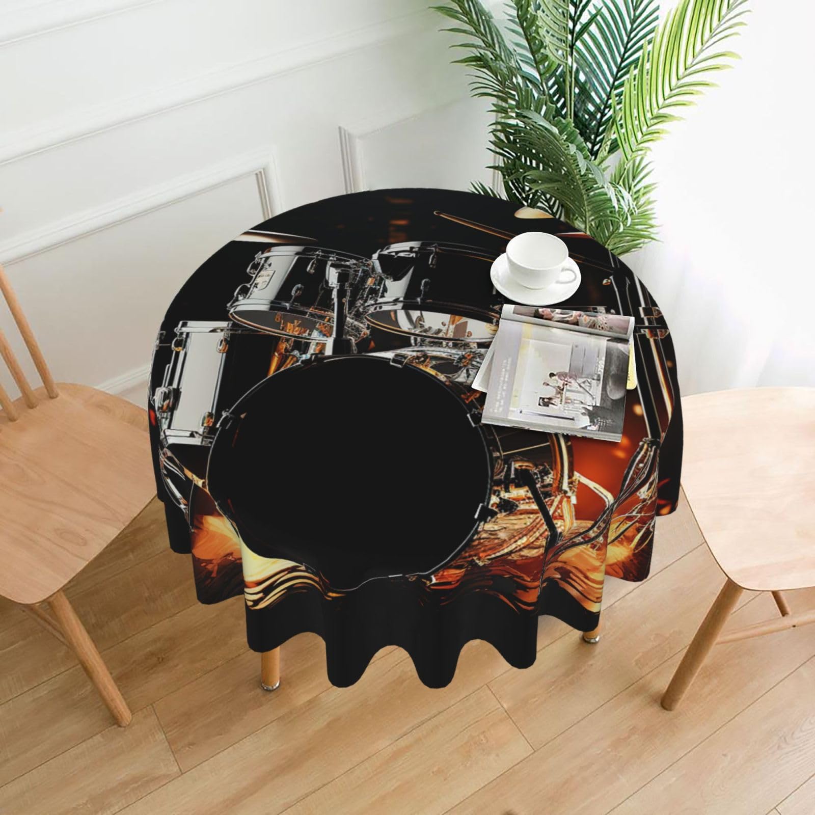 Fodpand Black Drummer Tablecloths For Round Tables 60 Inches - Reusable And Washable Kitchen Table Clothes Decorative Table Cover For Dining Tables, Buffet Parties, Wrinkle Resistant
