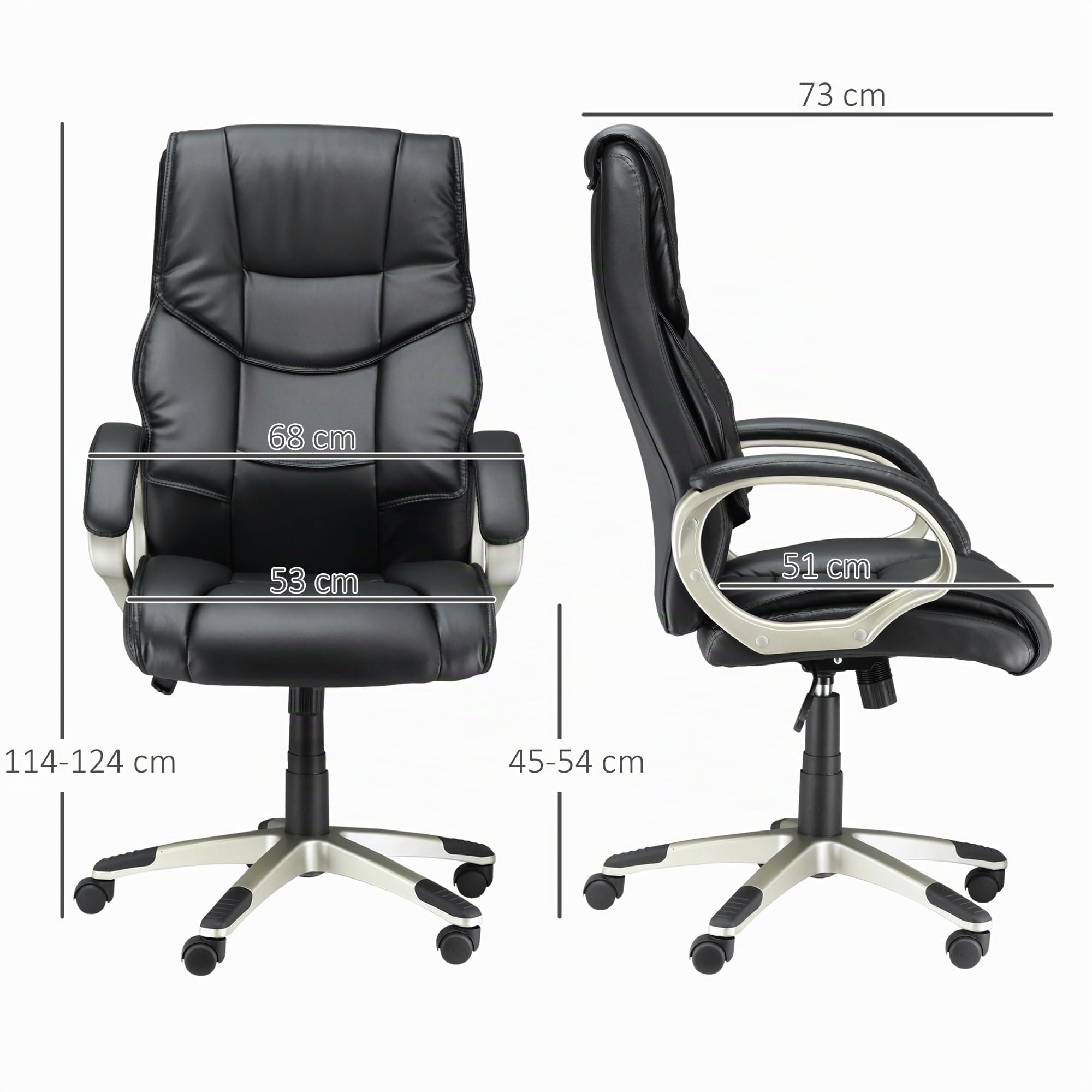 HOMCOM Bürosessel mit Wippfunktion Chefsessel 70 x 58 x 114–124 cm Schwarz | Bürostuhl, Schreibtischstuhl, Ergonomischer Drehstuhl, Sportsitz, Hoher Rückenlehne, Kunsterleder, Metall