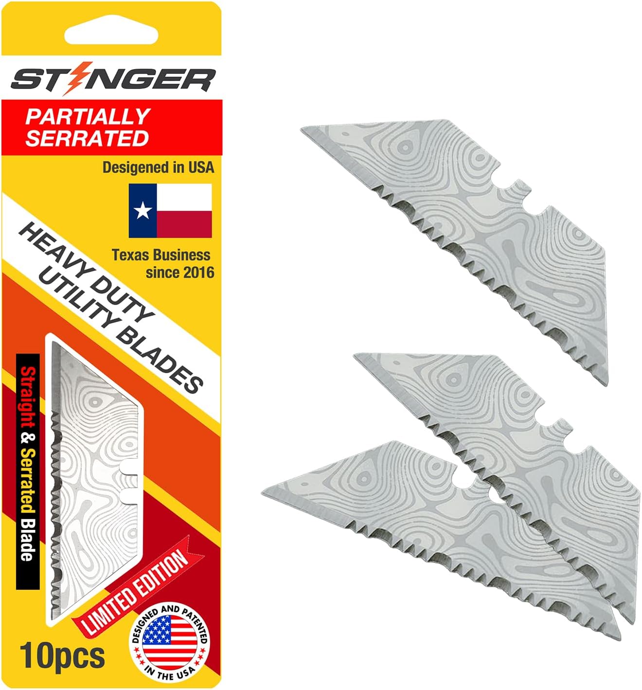 Stinger Special Edition Damascus Pattern Partially Serrated Utility Blades, SK5 Steel Box Cutter Blades, Standard Size Fits Most Utility Knives, 10-Pack with Plastic Case
