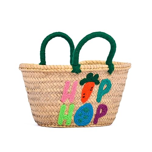 KING OF HANDMADE Cesta de Pascua personalizada para niños y niñas con nombre personalizado, bonito conejo y pompones coloridos, perfecta para la