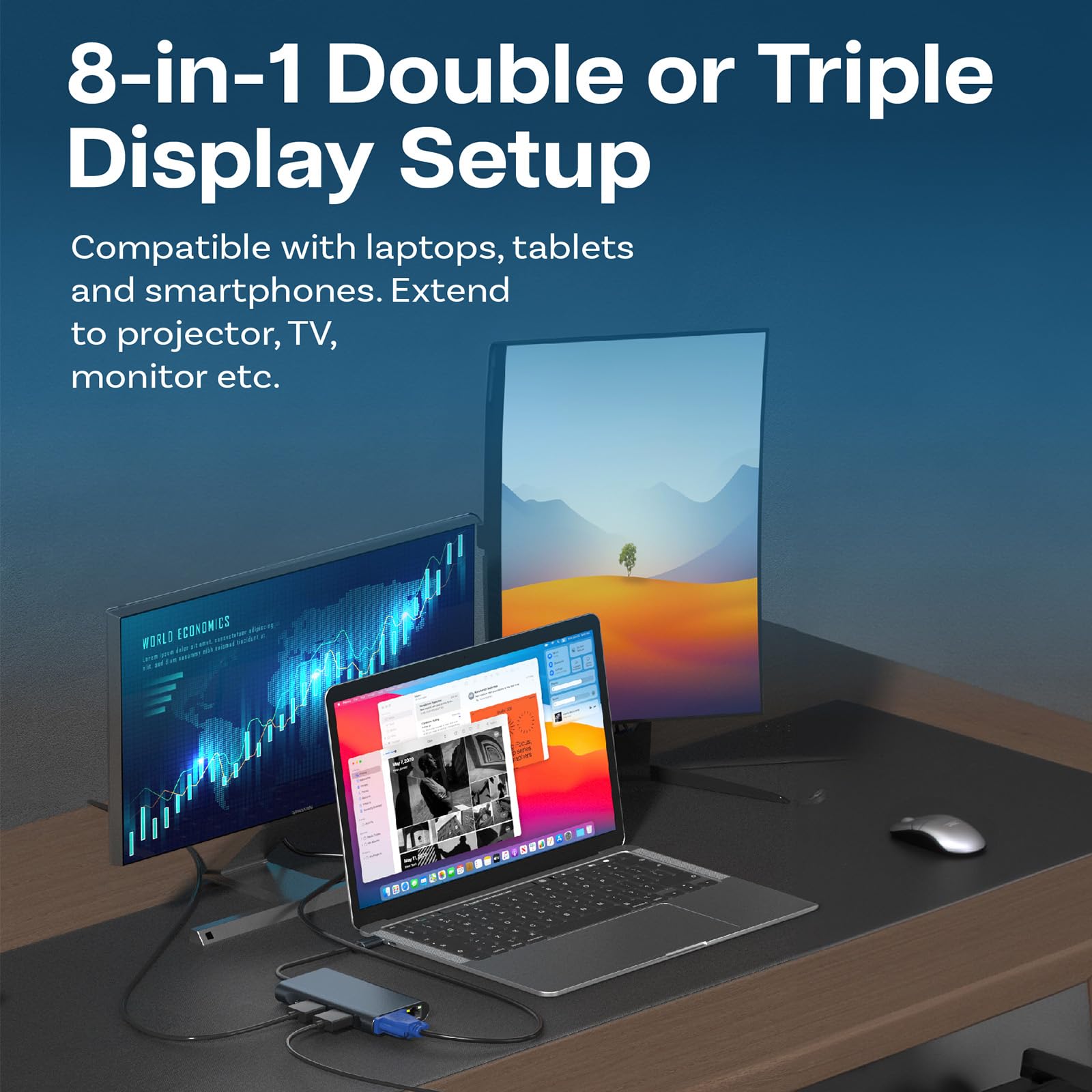 MMOBIEL Hub da USB-C a Doppio HDMI - Adattatore 8-in-1 USB-Hub e 100W PD - Docking Station per USB 3.0, 2x USB 2.0, 2x HDMI, VGA, PD e ETH - Triplo display per laptop, smartphone ecc. - Alluminio