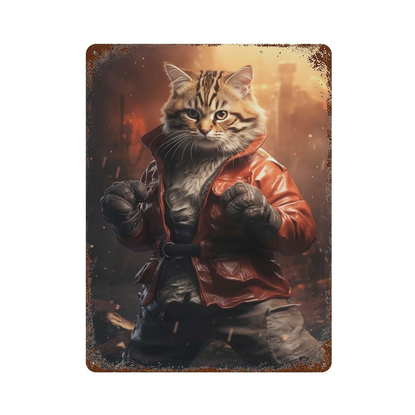 Mma Kung Fu Cat 15.7"x11.8" Aged Metal Wall Plaque, Retro Wall Decor for Farmhouse, Kitchen And Entryway Decor