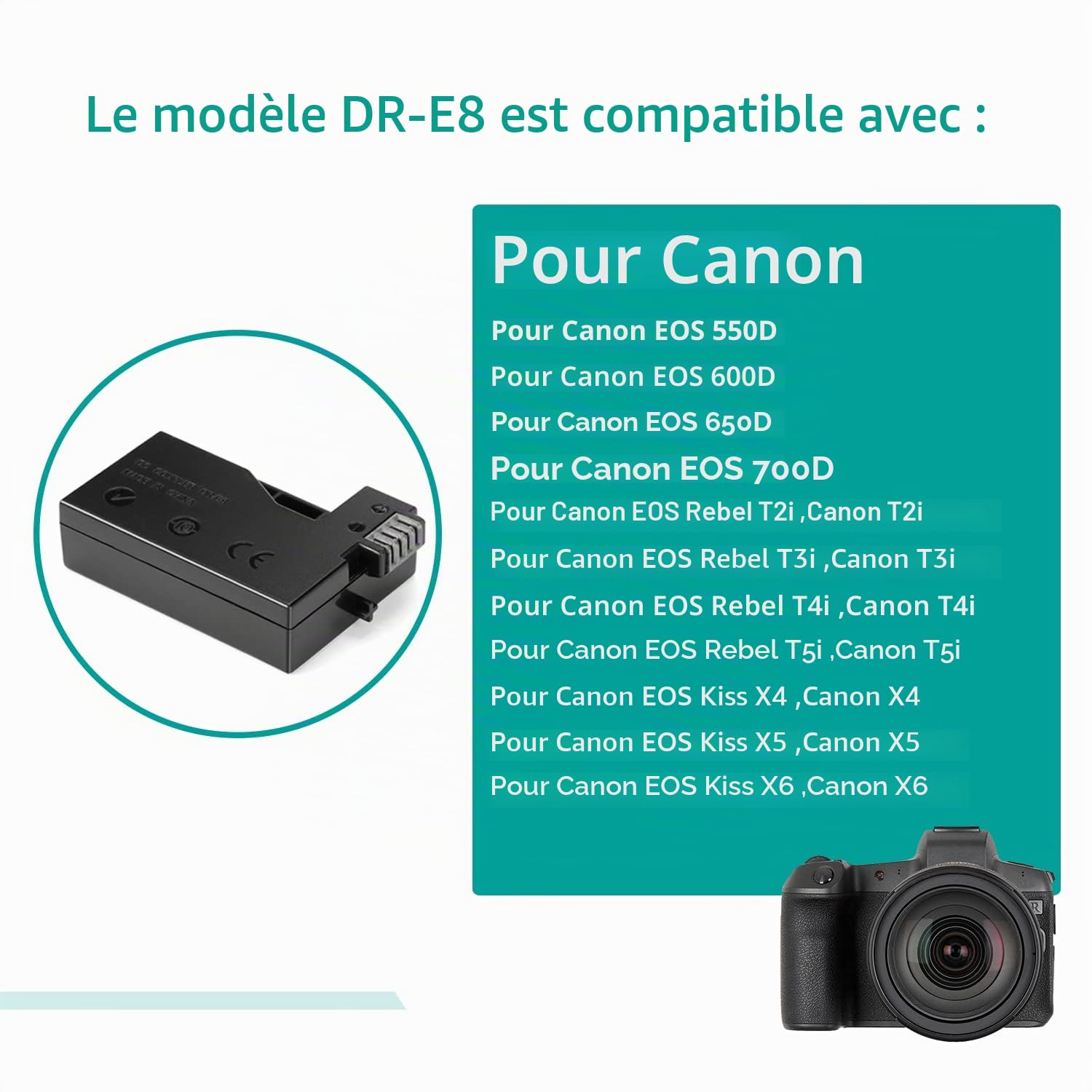 ACK-E8 Adaptateur secteur DR-E8 Coupleur CC LP-E8 Batterie factice pour appareils photo Canon EOS 550D 600D 650D 700D Rebel T2i T3i T4i Kiss X4 X5 X6i