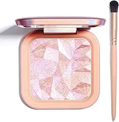 Paleta de maquiagem iluminadora em pó para iluminar o contorno do rosto e bochecha dourada, iluminador em pó de longa duração com espelho para maquiagem iluminadora (ouro rosa)