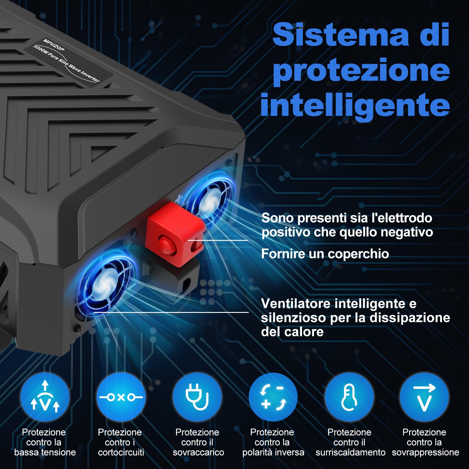 MFUZOP Power Inverter 48V/60V/72V a 230V Onda Pura 2500W/5000W, Convertitore di Tensione con Sistema di Rilevamento Intelligente, Ingresso Regolabile, Display LCD, 2 AC, 1 Type-C, 1 USB 5V 2.1A