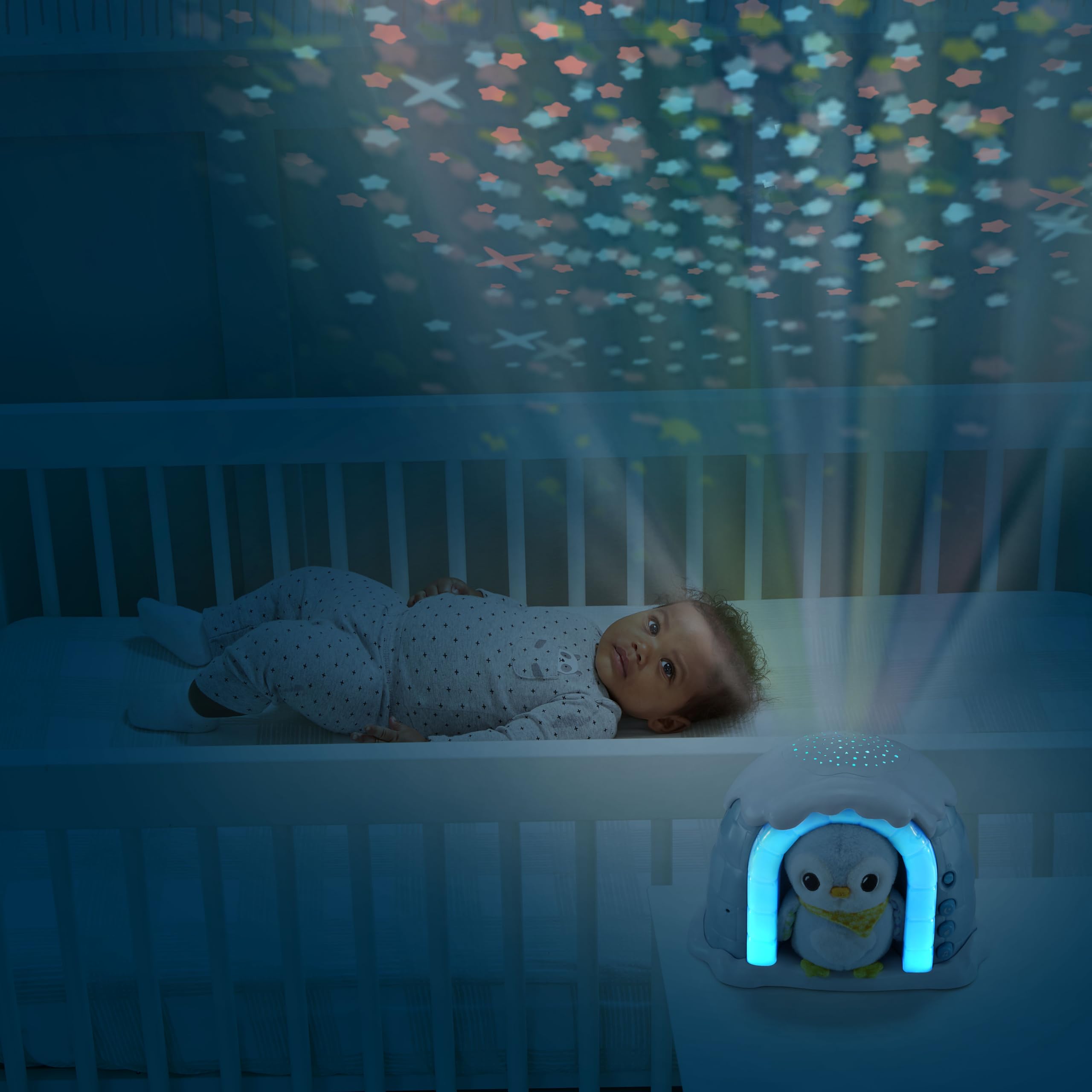 VTech – Luz Nocturna P'tit Pingüino Noche Estrellada, Igloo Nightlight para bebé Musical, proyección Luminosa en el Techo, música Suave, Ruidos Blancos, Doudou pingüino, Regalo de Nacimiento –