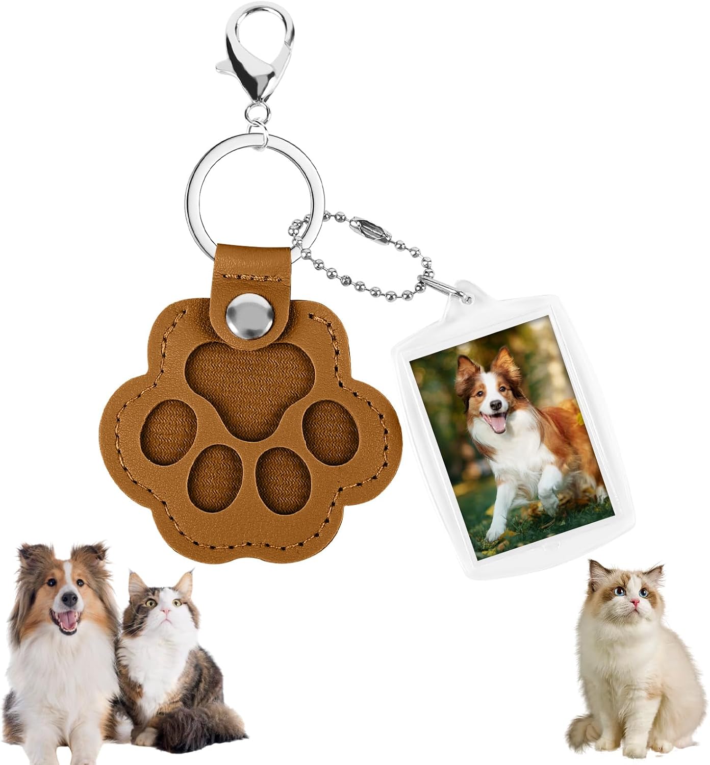 Pet Hair Keychain, Cute Leather Cat Paw Keychain with Acrylic Small Photo Frame,Pet Fur Memorial Gift keychain
