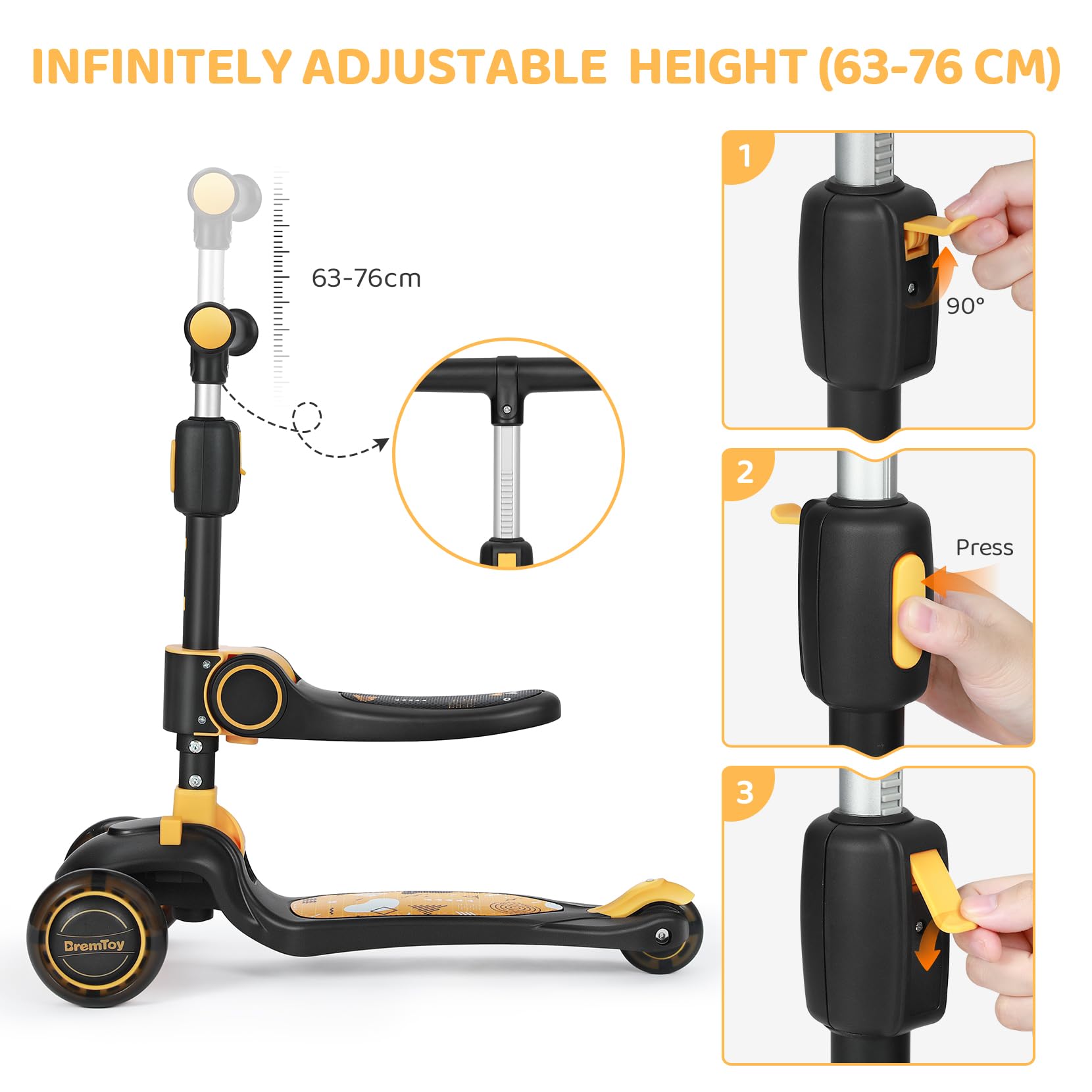 BremToy Monopattino Bambini con Sedile, Monopattino Pieghevole con 3 Ruote LED Luce, Altezza Regolabile per Bambini 2-8 Anni, Carico 50 kg