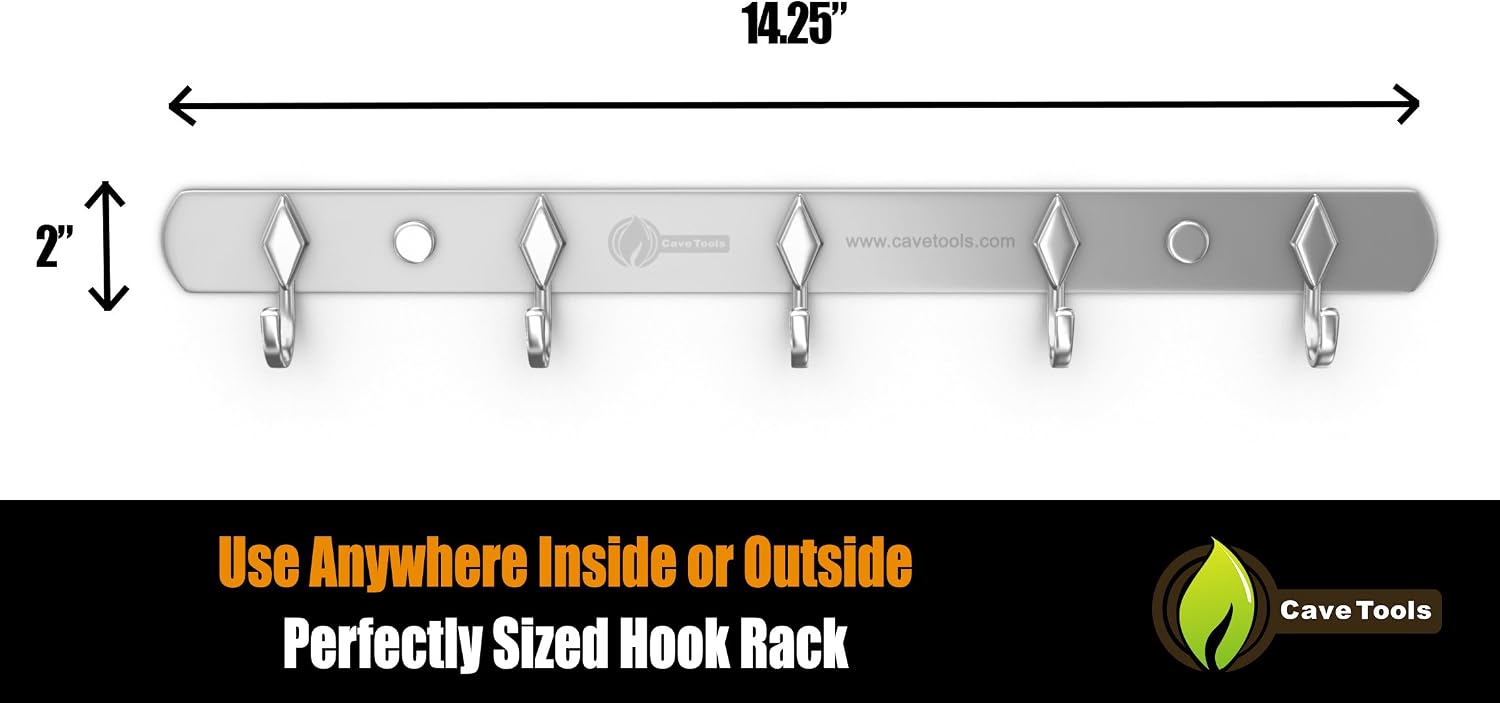 Cave Tools Multi-Use Hook Rack for BBQ Utensils and Grill Accessories - 5 Wall Hooks Rail + Screwdriver