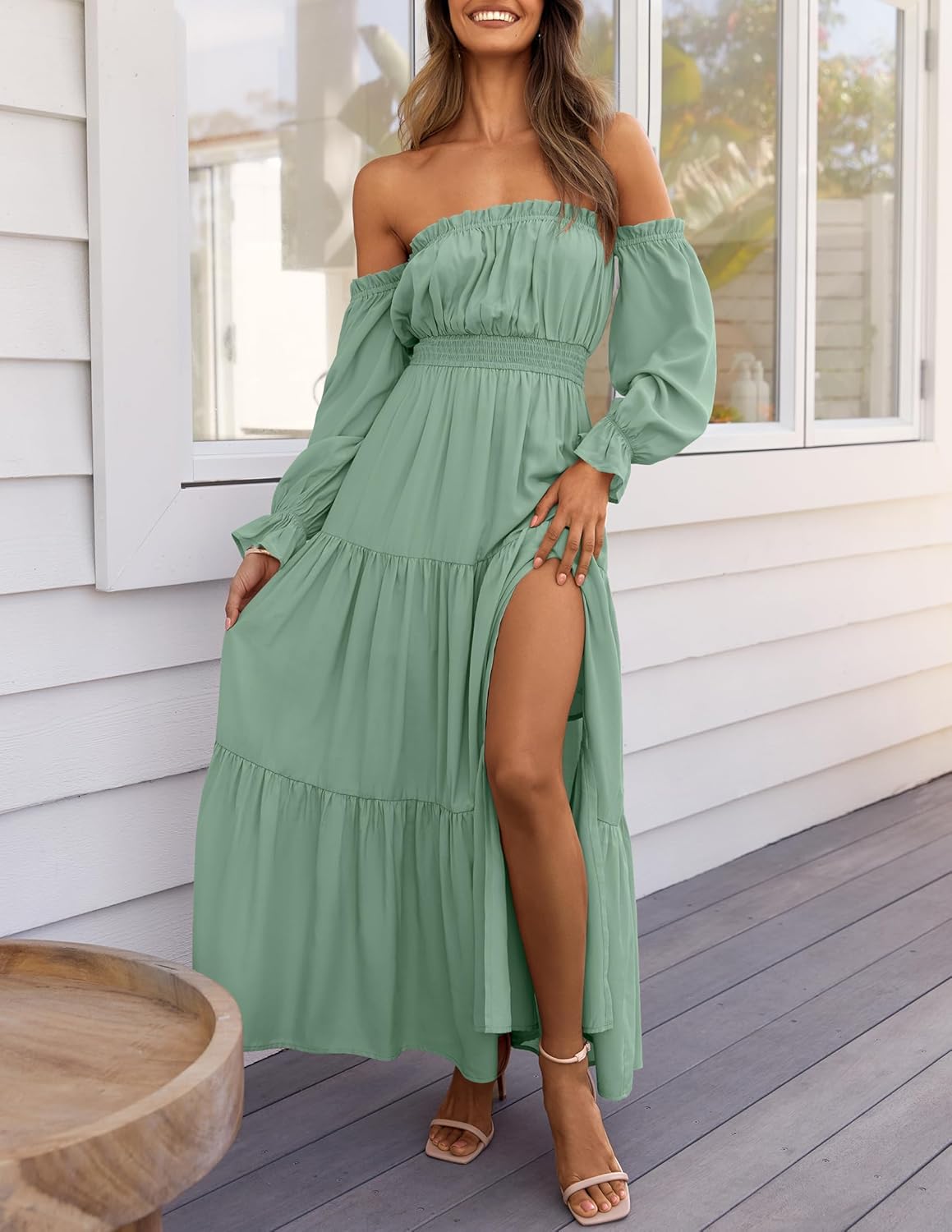 ZESICA Women's Boho Off Shoulder Spring Long Sleeve Dress 2026 High Waist Side Split Sexy Flowy A Line Long Maxi Dresses - Image 2