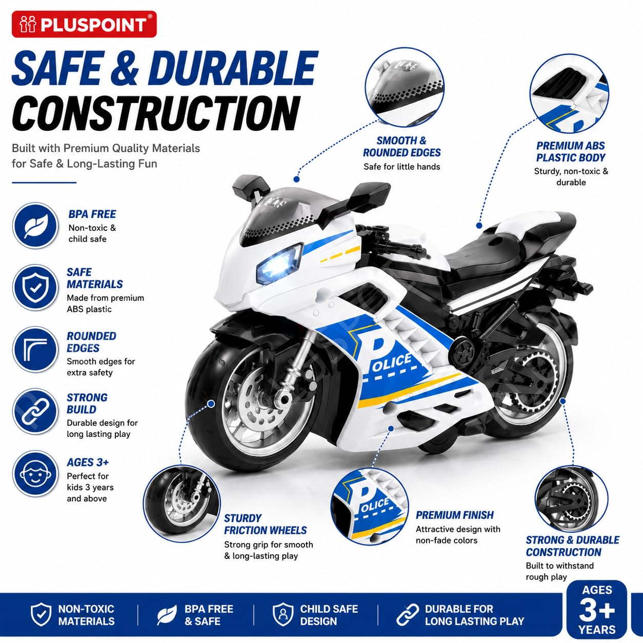 PLUSPOINT Police Rescue Motorcycle Toy | Friction Powered Police Bike with Lights, Siren Sound & Inertial Push and Go Action | Emergency Vehicle Toy for Kids Boys & Girls Age 3+ 3