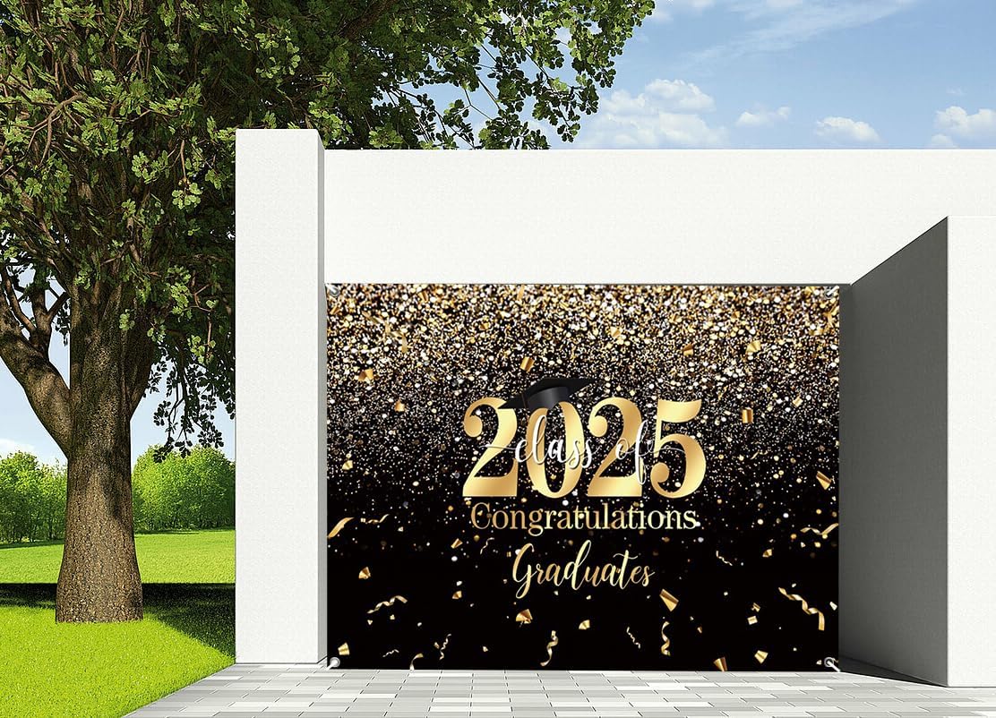 7x8ft Congratucations Graduates Garage Door Decor Class of 2025 Bachelor Hat Diploma Golden Ribbon Glittering Black Garage Door Decor Congrats Grad Prom Party Decorations