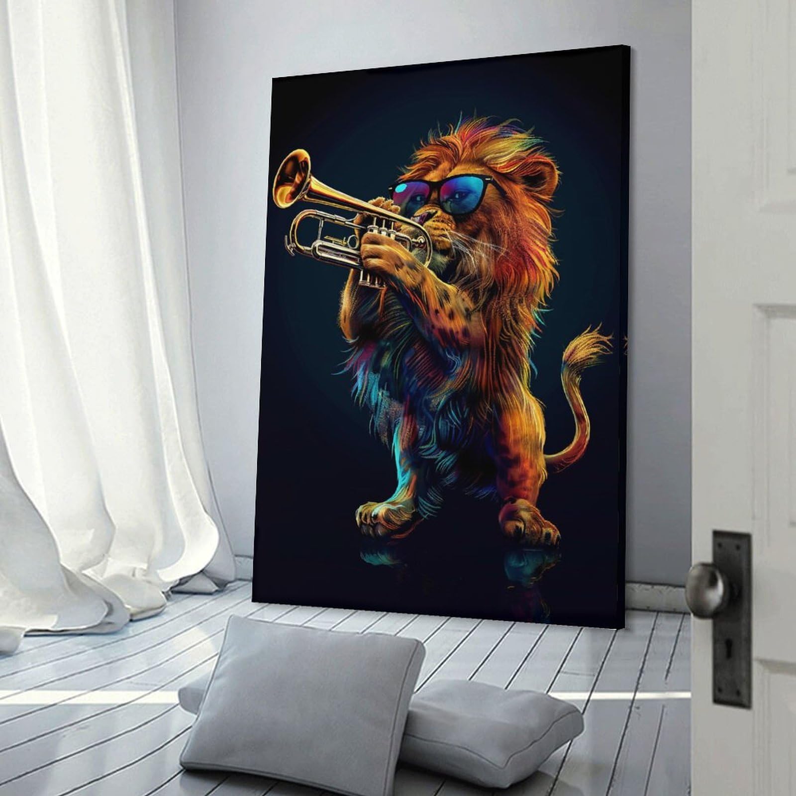 Junmoney Lion Trumpet Canvas Art Print 24x36inch(60x90cm), for Bedroom Decor, Cosy Corners Or Studios, An Easy Wall Refresh for Bedrooms