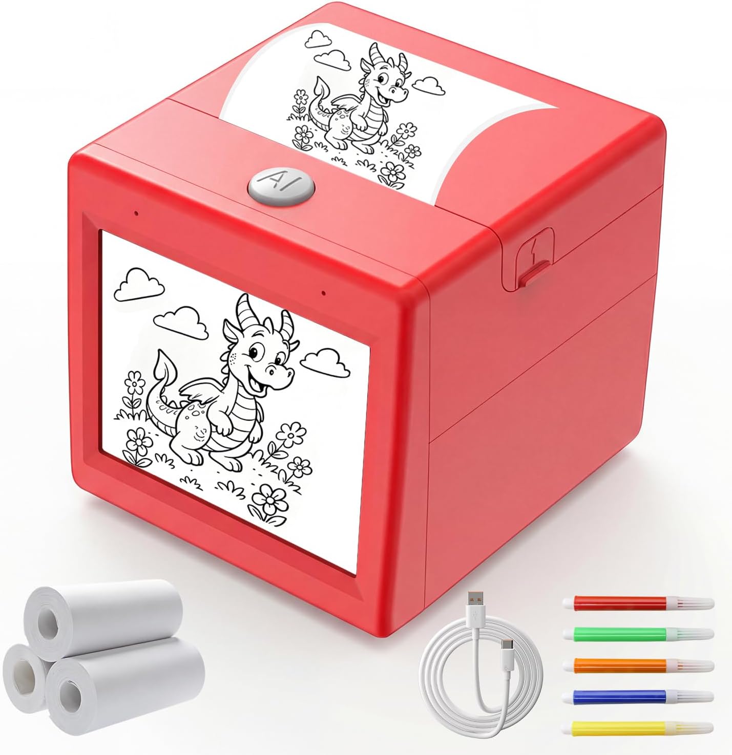 AI Sticker Printer for Kids, Portable Sticker Maker with Voice-to-Image Generation, Instant Thermal Printing, Creative Toy Kit with 3 Paper Rolls and Coloring Pens