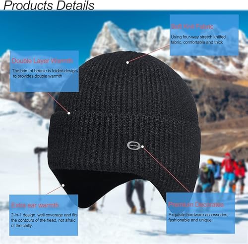 Miniatura 5 de Sombreros de invierno de punto para hombres, gorras de esquí al aire libre elásticas con orejeras y protección contra el viento