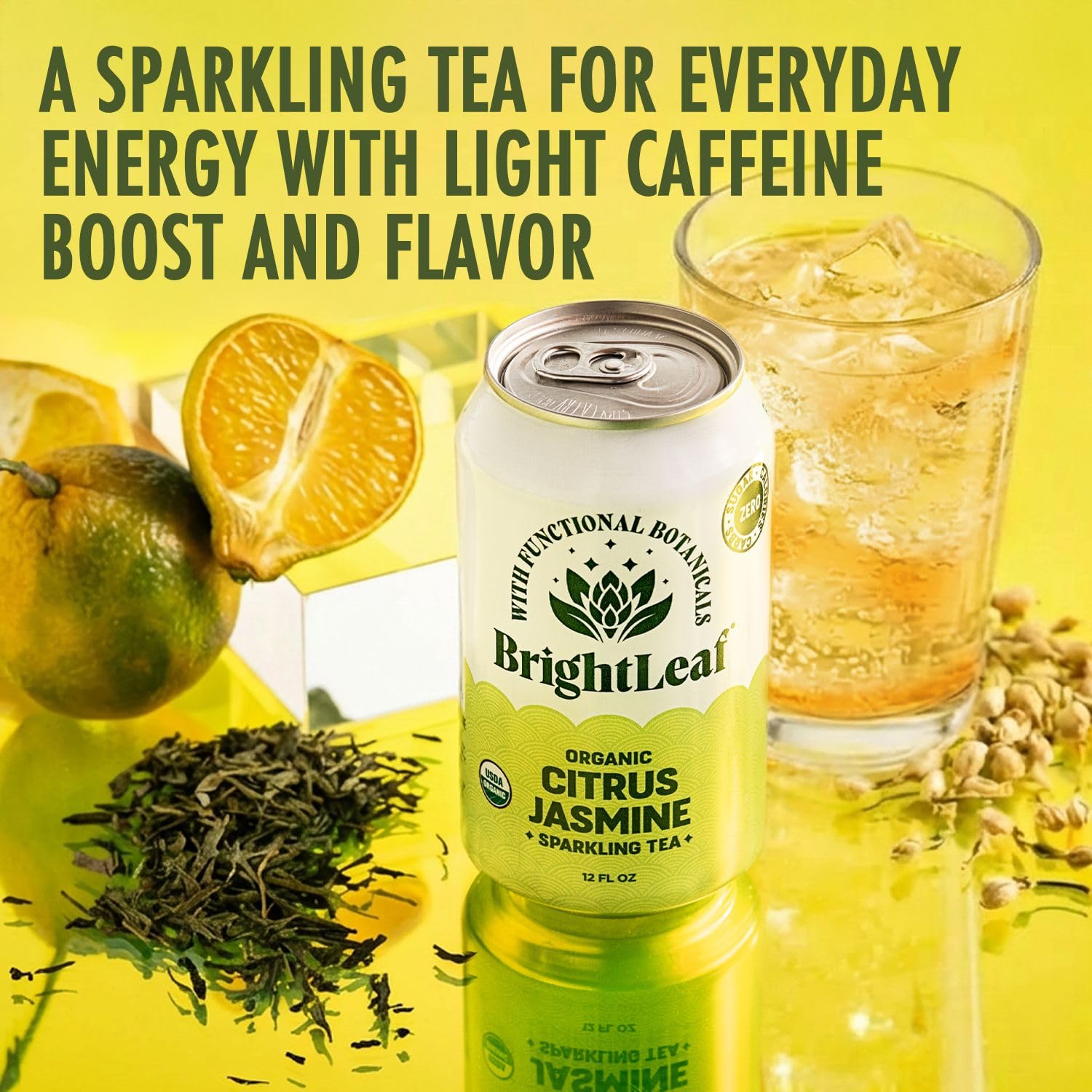 BrightLeaf Citrus Jasmine Sparkling Tea for Light Energy – Lightly Caffeinated, Zero Sugar, Calories, and Sweeteners, Regenerative Organic, Craft-Brewed Botanical Blend with Whole Leaf Tea, Non-Alcoholic Drink, 12oz Cans