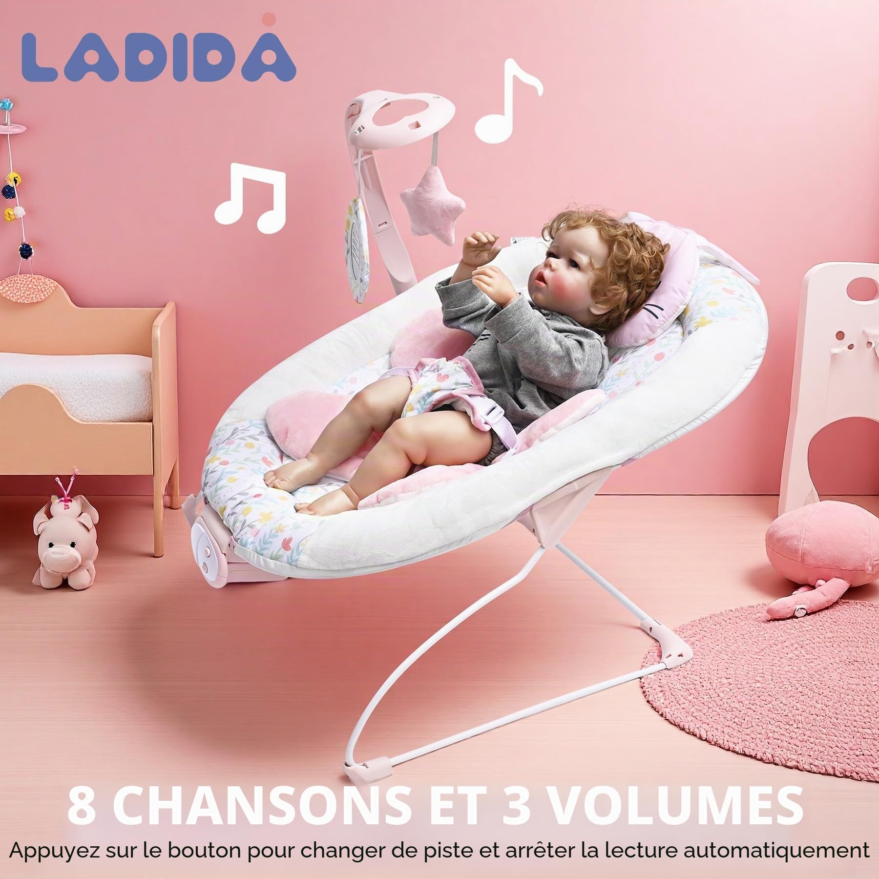 LADIDA Transat pour bébé de la naissance à 6 mois, balancelle bébé avec 3 vitesses et 8 chansons apaisantes, siège vibrant pour nourrisson avec barre de jeux amovible, portable et léger (Lapin Rose)