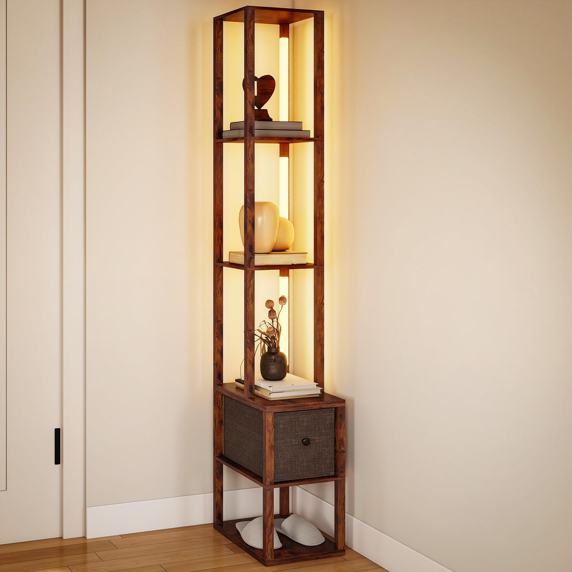 HOMCOM Floor Lamp with Shelves, LED Column Modern Standing Lamp with Fabric Drawer, Adjustable Brightness, Foot Switch for Living Room, Bedroom, Office, Rustic Brown