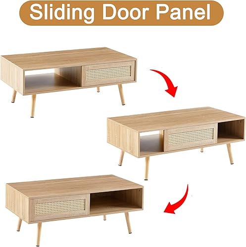 Miniatura 5 de Mesa de centro rectangular moderna con almacenamiento, mesa central de madera de mediados de siglo de 41.34 pulgadas con panel de puerta de ratán de