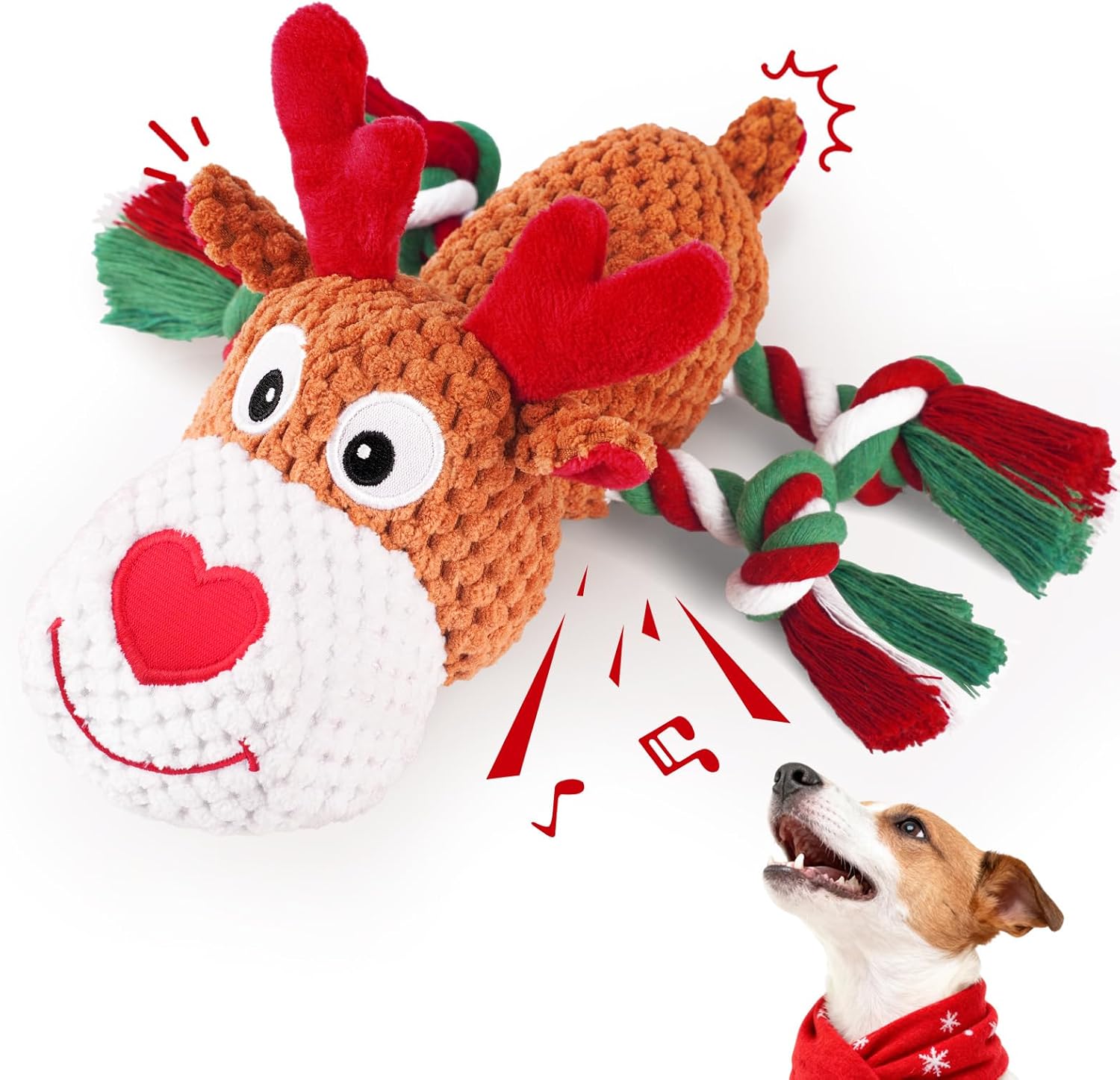 Christmas Dog Toys – Rope Reindeer Durable Squeaky Plush Dog Toy for Small, Medium & Large Dogs, Soft Xmas Gift for Pets