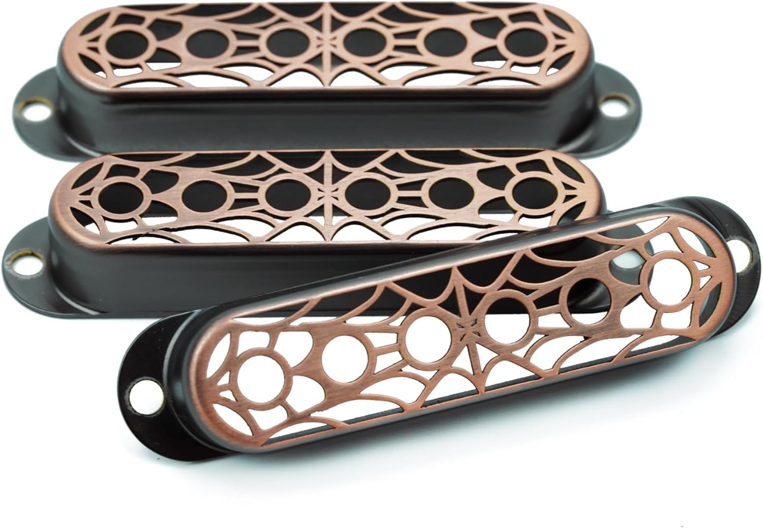 Guyker 3Pcs Single Coil Guitar Pickup Covers (52mm Pole Spacing), Copper Hollow Out Spider Web Style Pickup Mounting Ring Set Guitar Accessories Replacement Part(PS007, Bronze)
