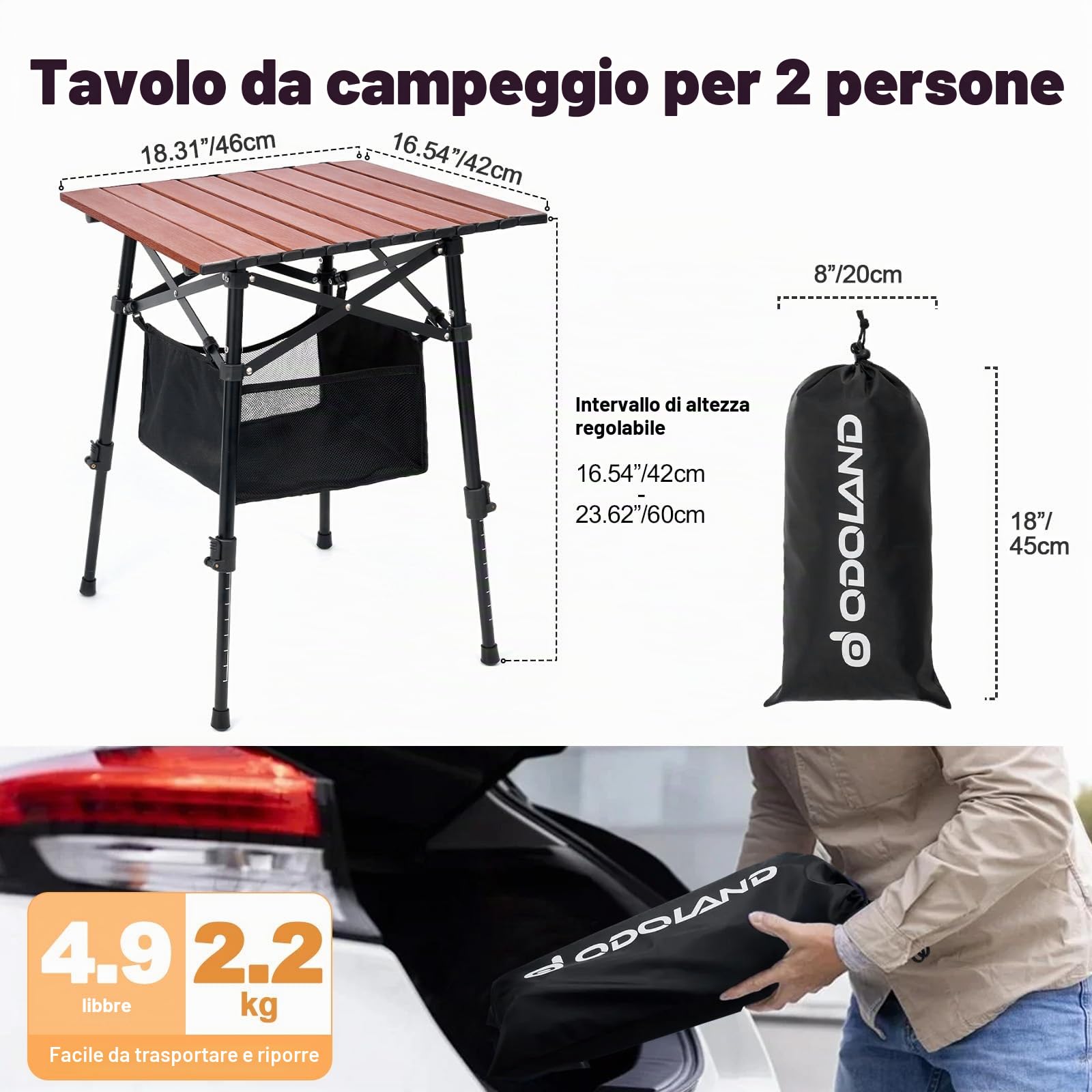 Odoland Tavolo da Campeggio Pieghevole con Robusta Borsa Portaoggetti, Regolabile in Altezza, Portatile, Leggero, Tavolo da Spiaggia per Picnic all'aperto, Escursioni, Viaggi