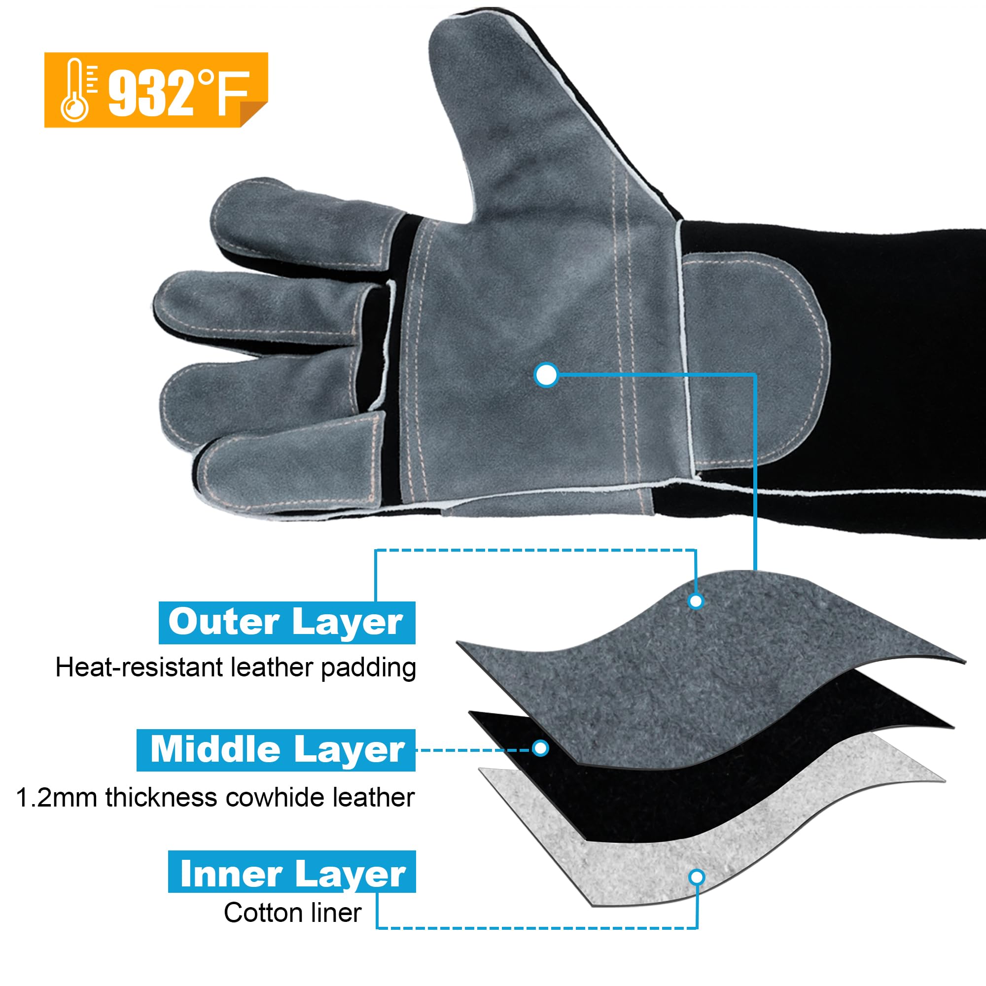 Guantes de soldadura de cuero de 16 pulgadas, resistentes al fuego y al calor, guantes de soldadura de manga larga, para mig, gas, barbacoa, horno, parrilla, chimenea, guantes para hornear, chimenea,