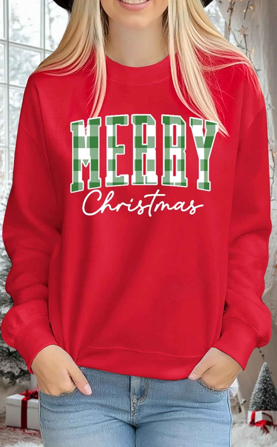 Merry Christmas Sweatshirts for Women: Buffalo Plaid Christmas Sweater Xmas Holiday Long Sleeve Pullover Tops - Image 3