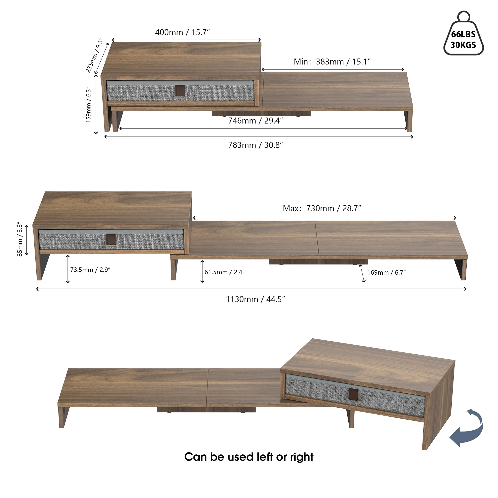 Fenge Réhausseur d'Écran en Bois, Support de Moniteur Réglable pour 2 Moniteurs avec Tiroir de Stockage, 78,3–113 x 23,5 x 7,3 cm (Marron)