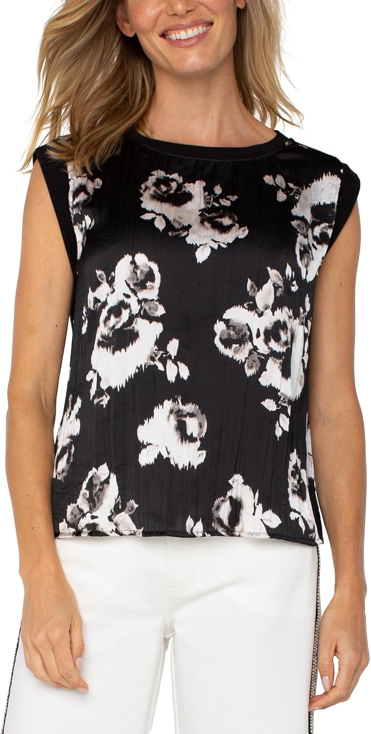 Liverpool Los Angeles Women's Sleeveless Woven to Knit Top Black White Floral Small