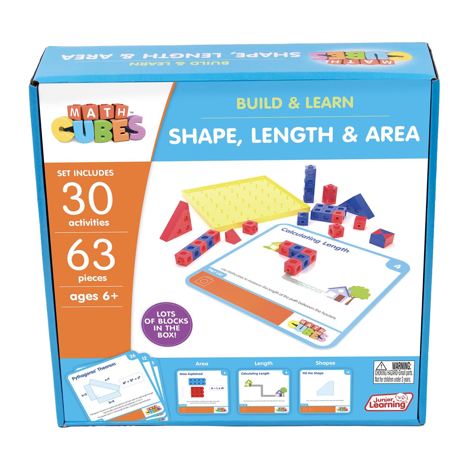 Junior Learning: Mathcubes - Shape, Length & Area - 30 Activity Set, Build & Learn, Blocks & Boards Hands On Math, Educational Set, Kids Ages 4+