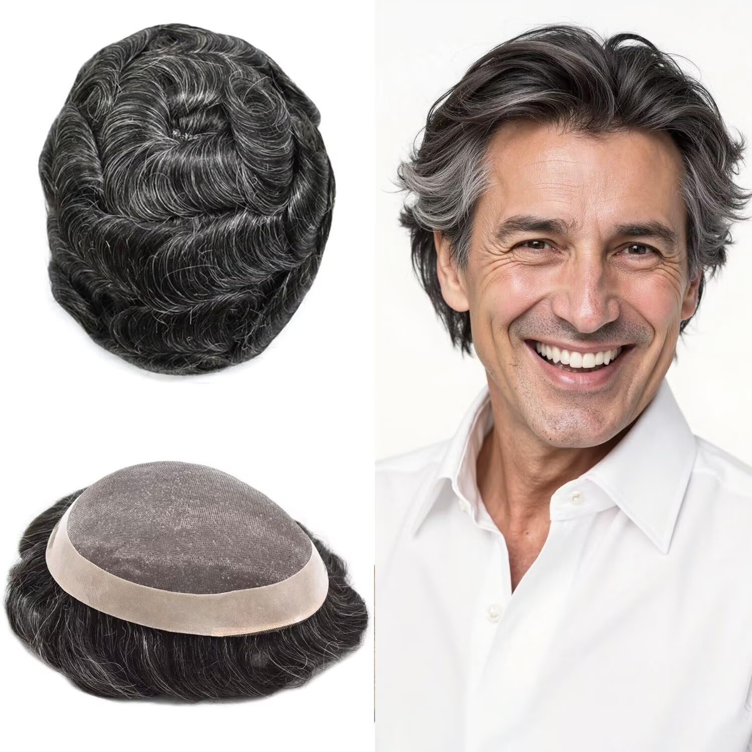 Fine Mono Mens Toupee Real Human Hair Systems Natural Realistic Hairpiece for Bald Men Poly Coating Hair Replacement System 7"X10" #1B30 1B# OFF BLACK WITH 30% SYNTHETIC GREY