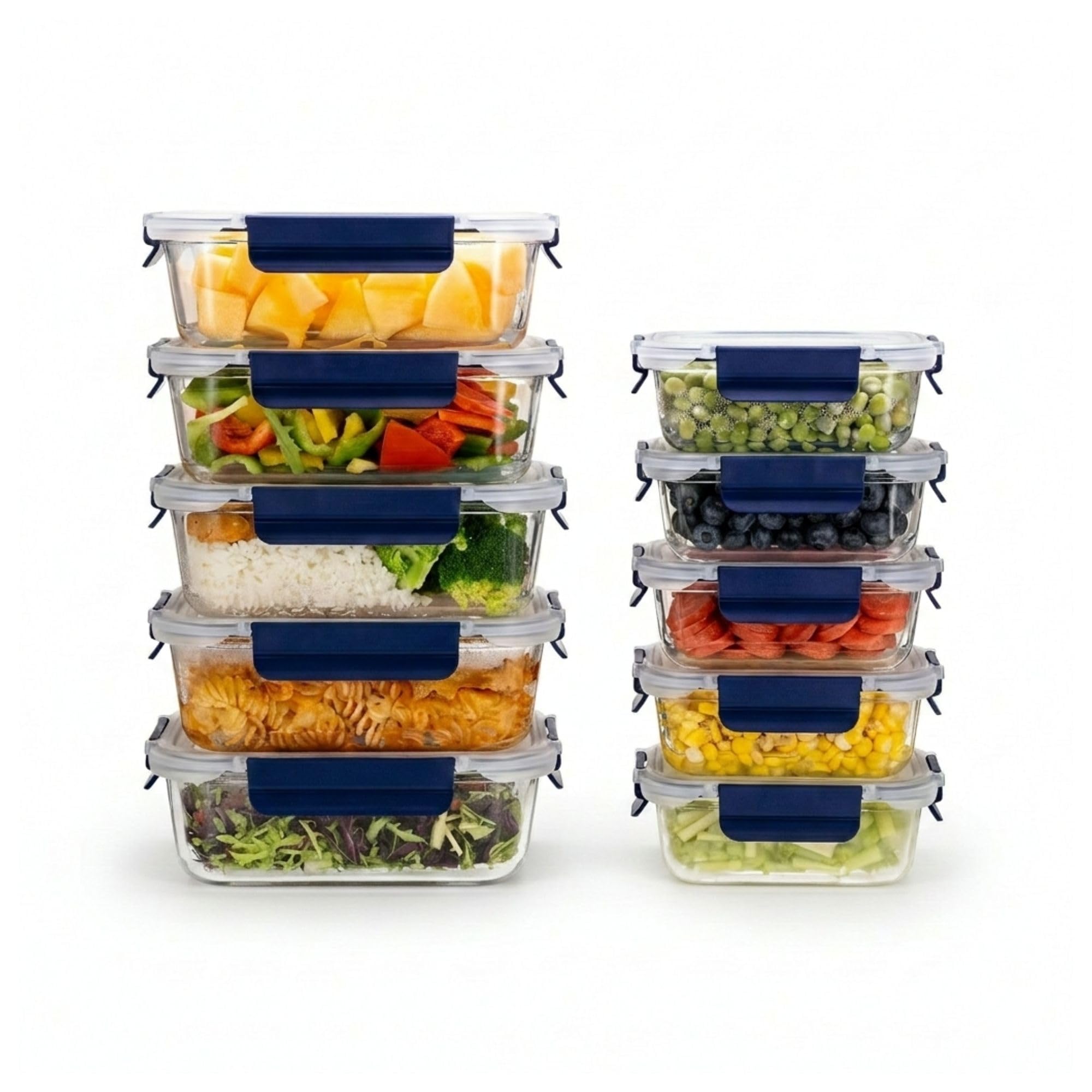 HOUSZY Meal Prep Storage Containers, Glass, Set of 10, Blue, Airtight, Leakproof