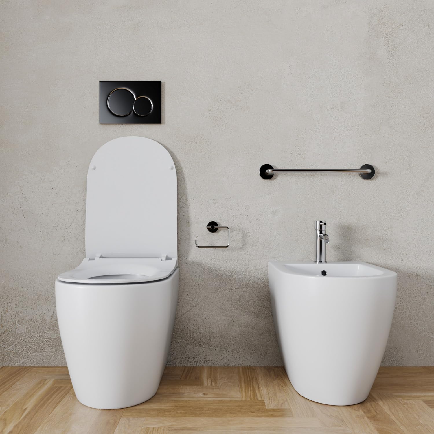 BRICOZONE Coppia Sanitari Filomuro Vaso WC Rimless Senza Brida E Bidet In Ceramica Filo Muro Filo Parete Design Moderno Con Copriwater Chiusura Soft Close Chiusura Rallentata (Bianco opaco)