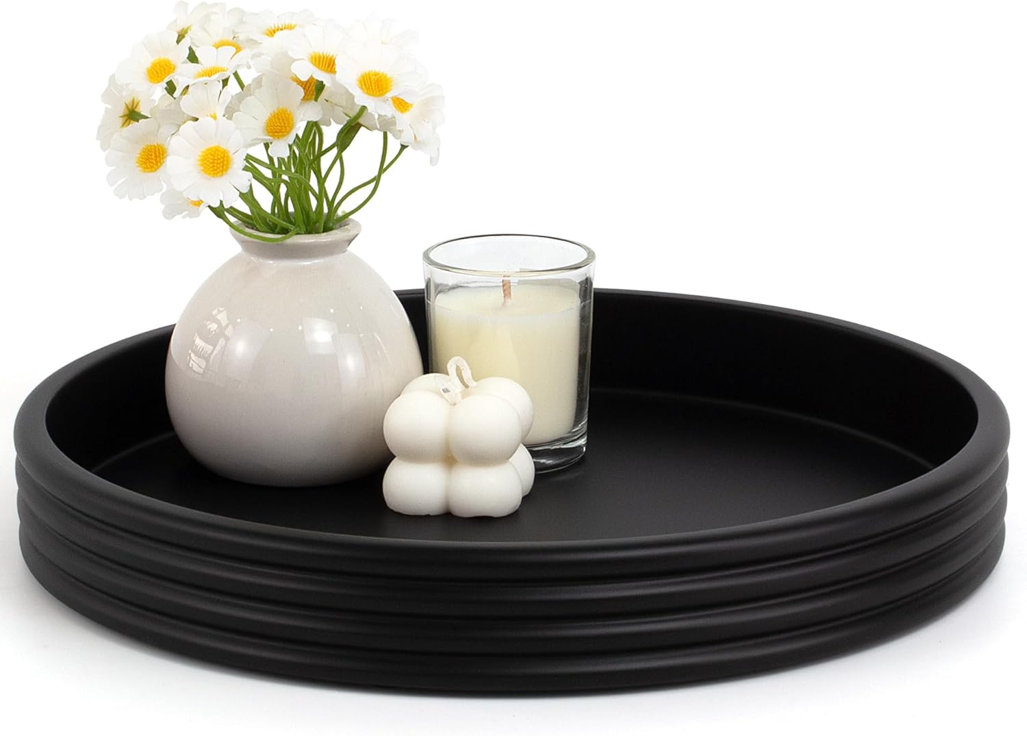 YMXYJM Round Decorative Tray - Modern Coffee Table Tray Decor, Resin Home Decor for Living Room & Bedroom. Multi-Functional Coffee Table Centerpiece with Anti-Slip Pads - 11x1.5 Inch Key Trays - Black