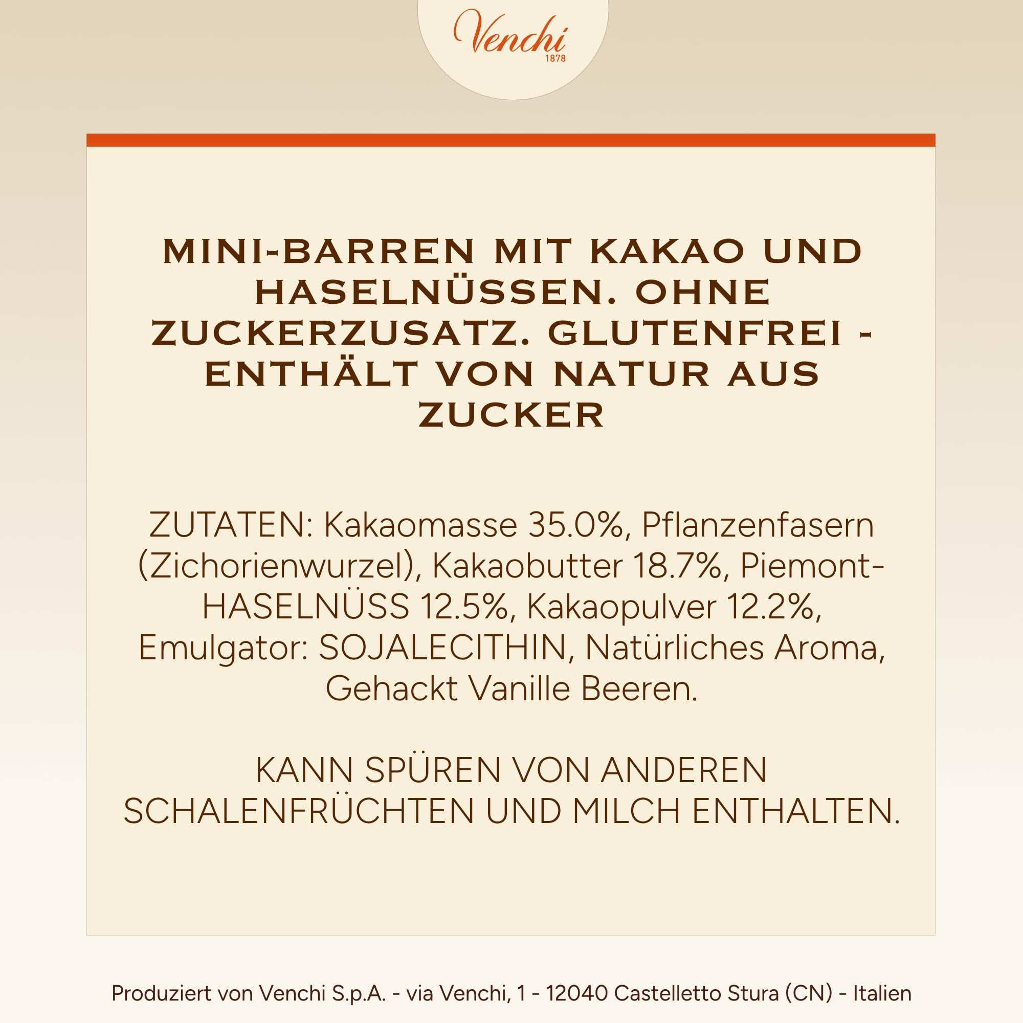Venchi – Schokobarren Haselnuss Extra Dunkel NO Added Sugar, 1 kg – Mit ganzen Piemont-Haselnüssen – Glutenfrei – Vegan