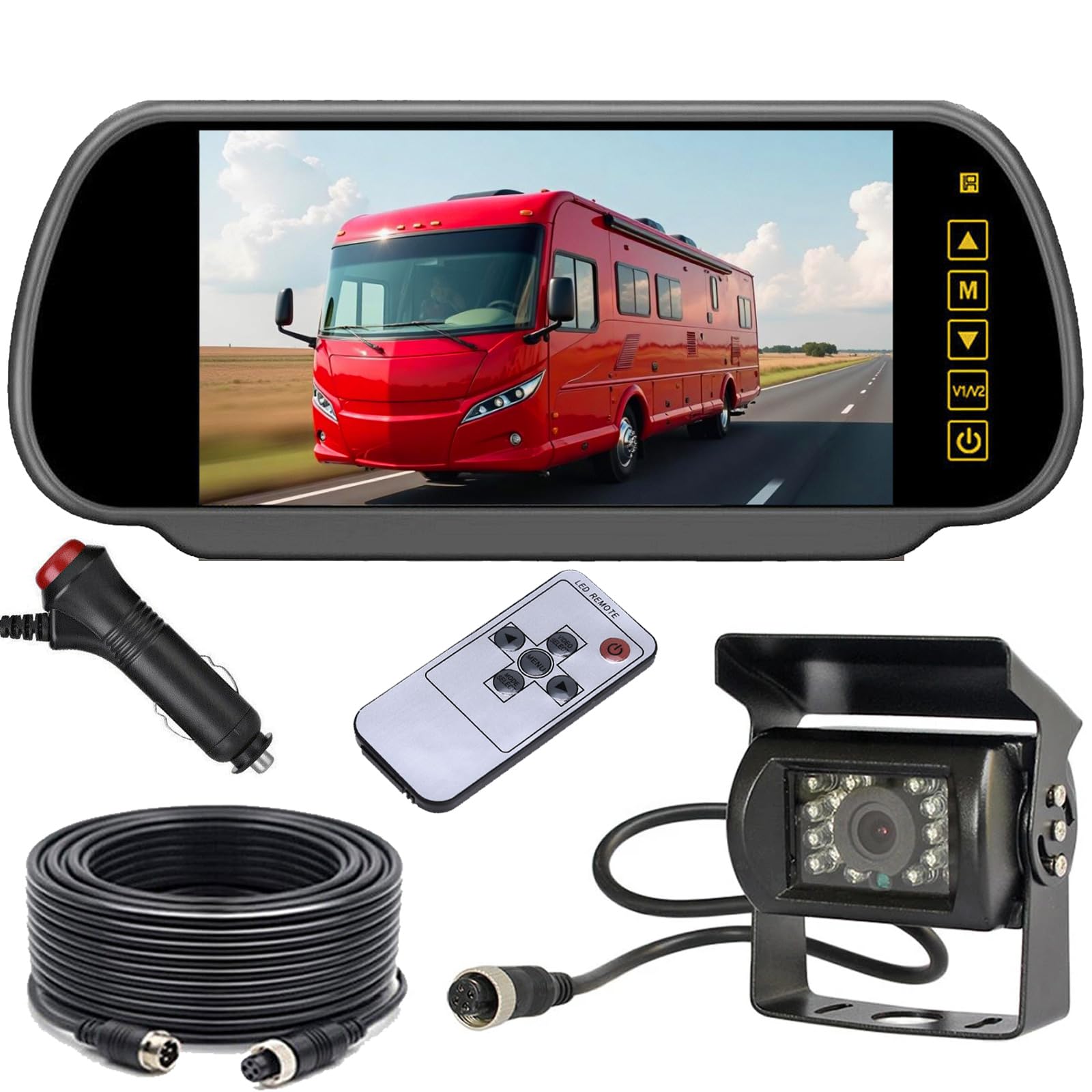 Moniteur de rétroviseur 4 broches de 17,8 cm + 18 LED Vision nocturne étanche Caméra de recul avec câble de 15 m pour camion caravane remorque camping-car 12 V-24 V