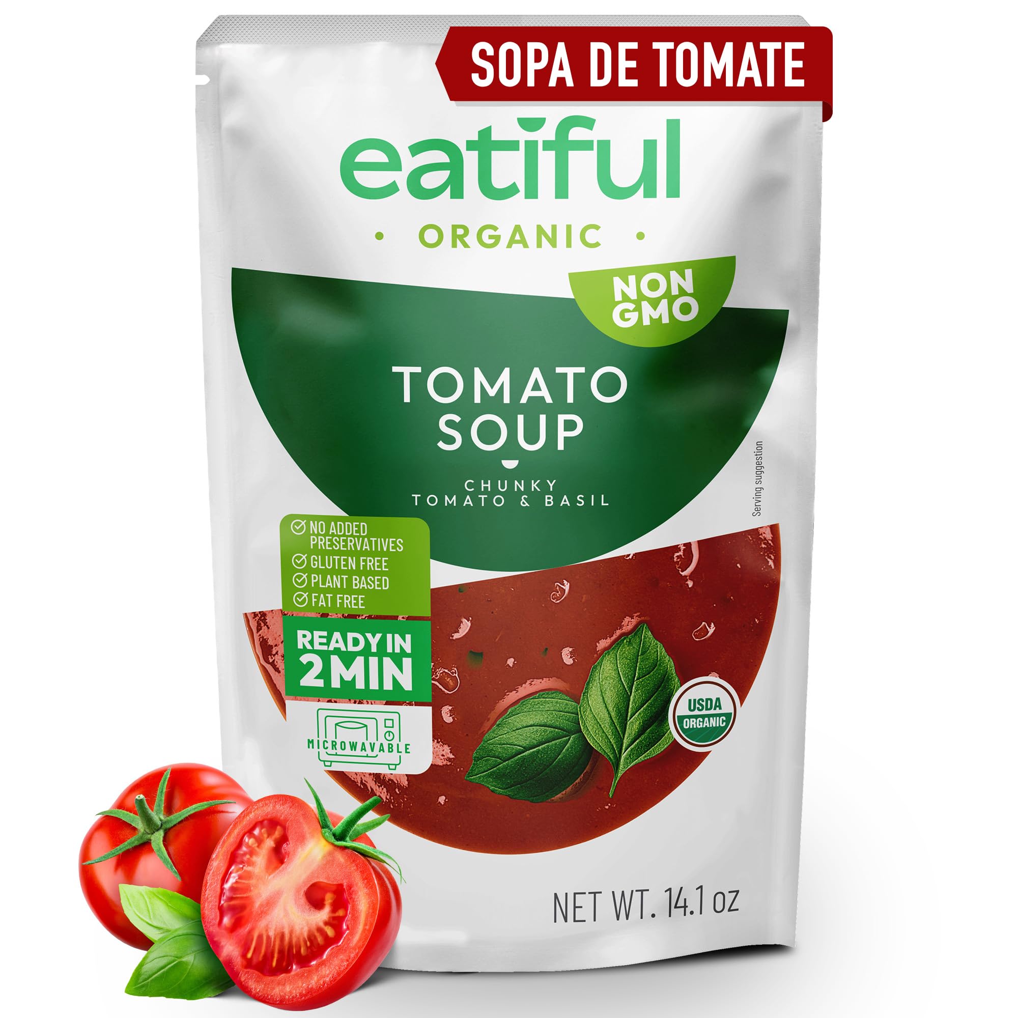 EATIFUL Sopa de Tomate Orgánica, Lista para Comer, Vegana y a Base de Plantas, Sopa Cremosa de Tomates, Sin Conservantes Añadidos, Sin Gluten, NO GMO, 400g (Paquete de 1)