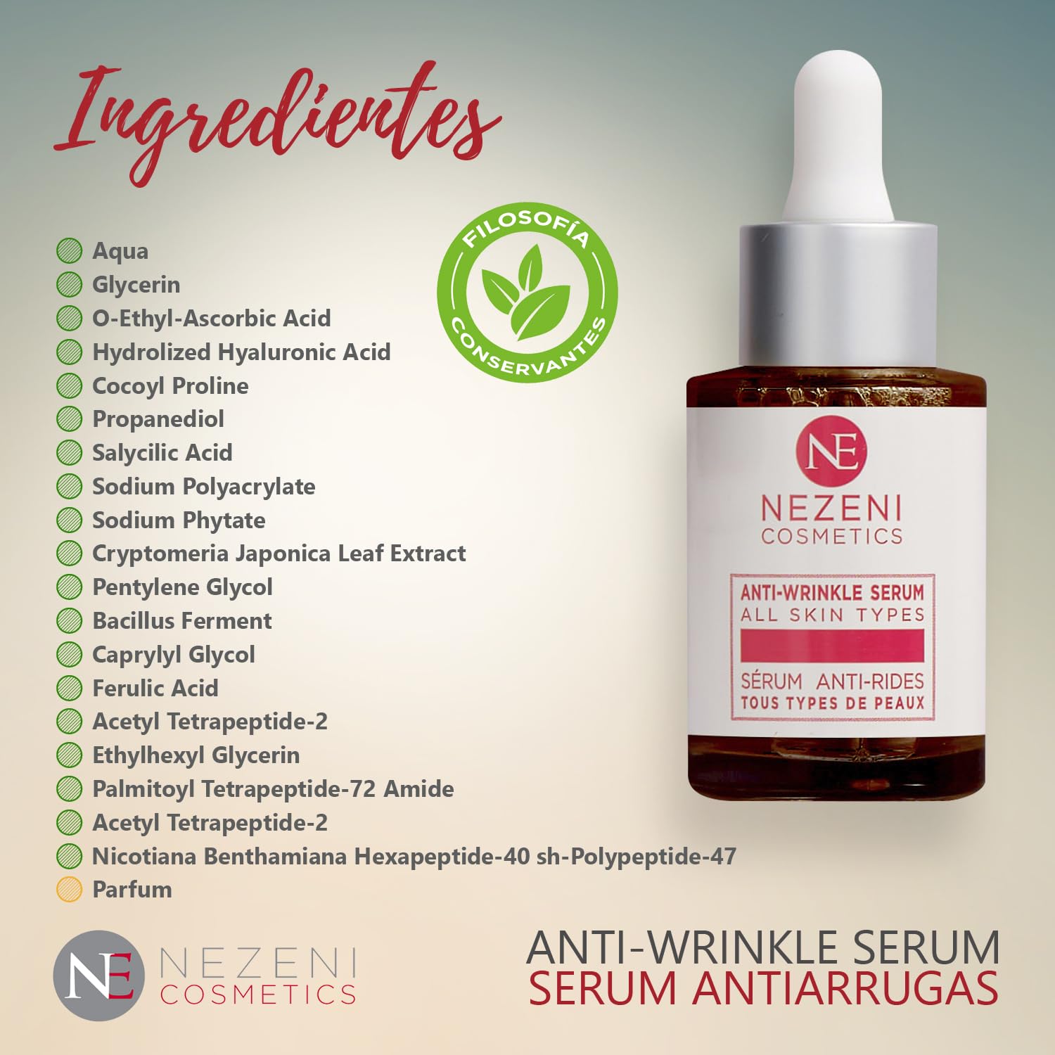 Sérum Facial Antiarrugas Antiedad con Ácido Hialurónico Puro + VitC – 10 principios activos - BAJO CONSERVANTES 2 años caducidad cerrado