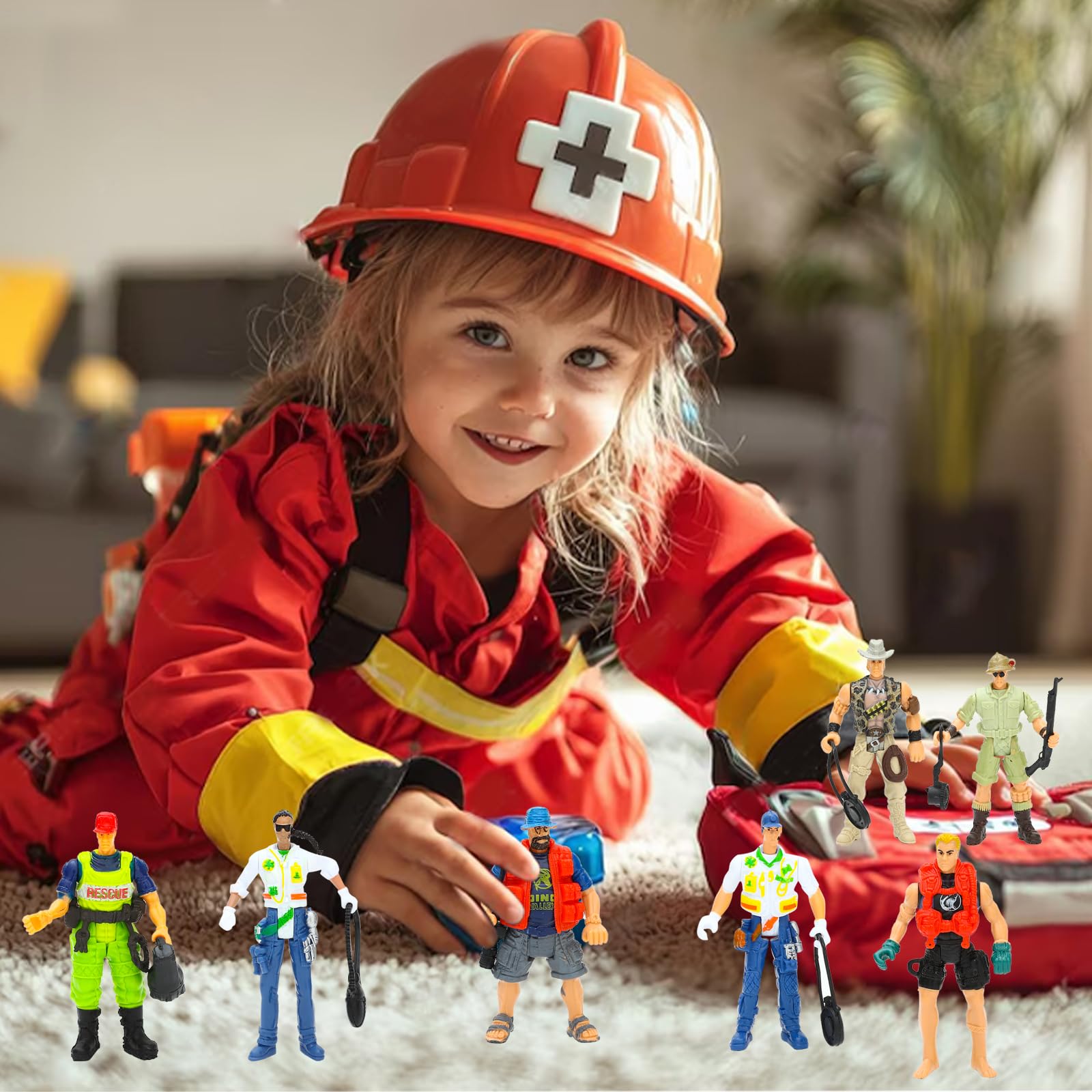 ONEST 12 Pcs Firefighter Action Figures - 4 Inch Toy Fireman With Hats & Rescue Tools For Kids Play
