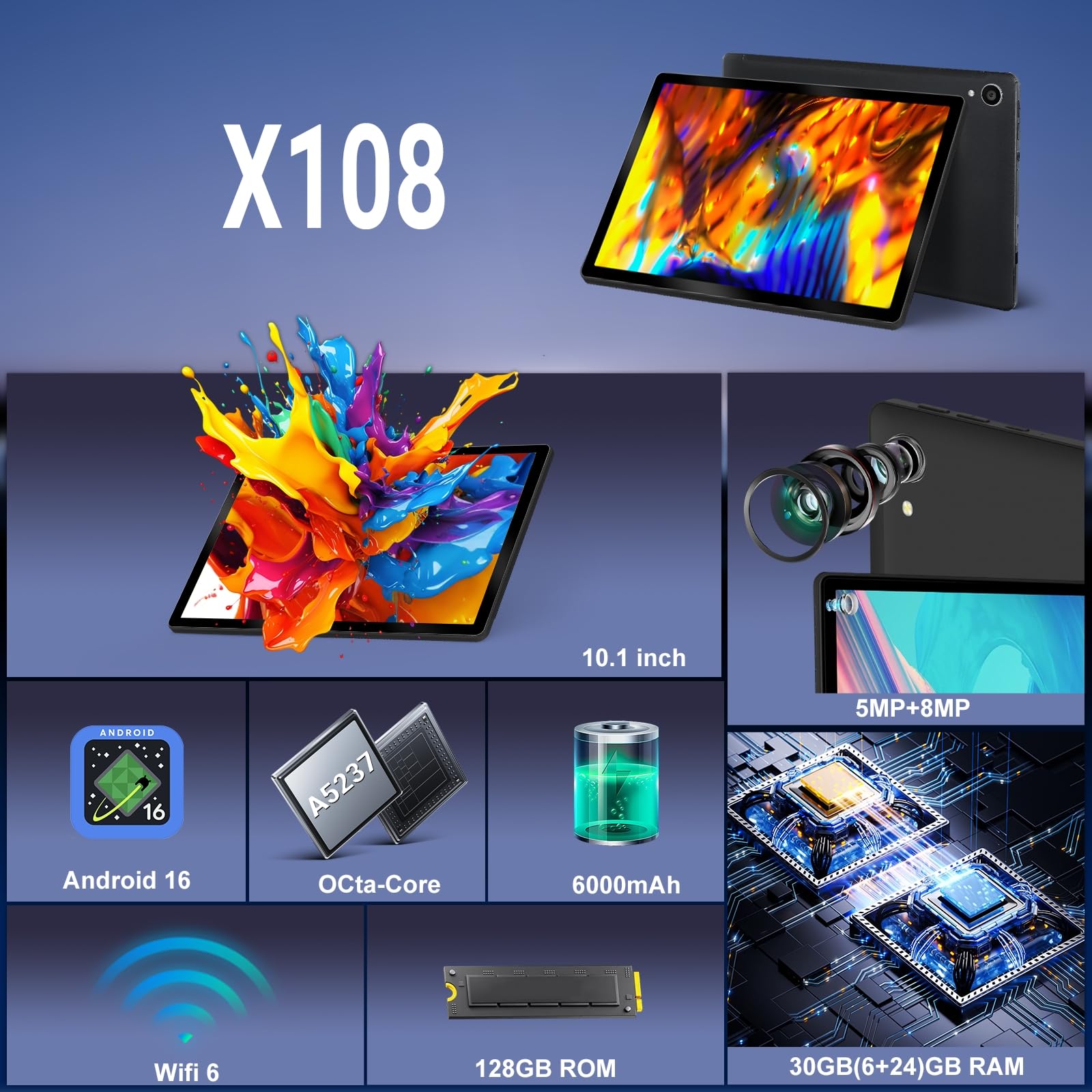 Whitedeer Tablet Android 16, 10 inch Tablet 30GB RAM 128GB ROM/2TB, Android Tablets Octa-Core Processor, Tablet 10 inch with Pen and Keyboard, WiFi 6&Bluetooth 5.0丨6000mAh丨5MP+8MP, Widevine L1-Black — view 2