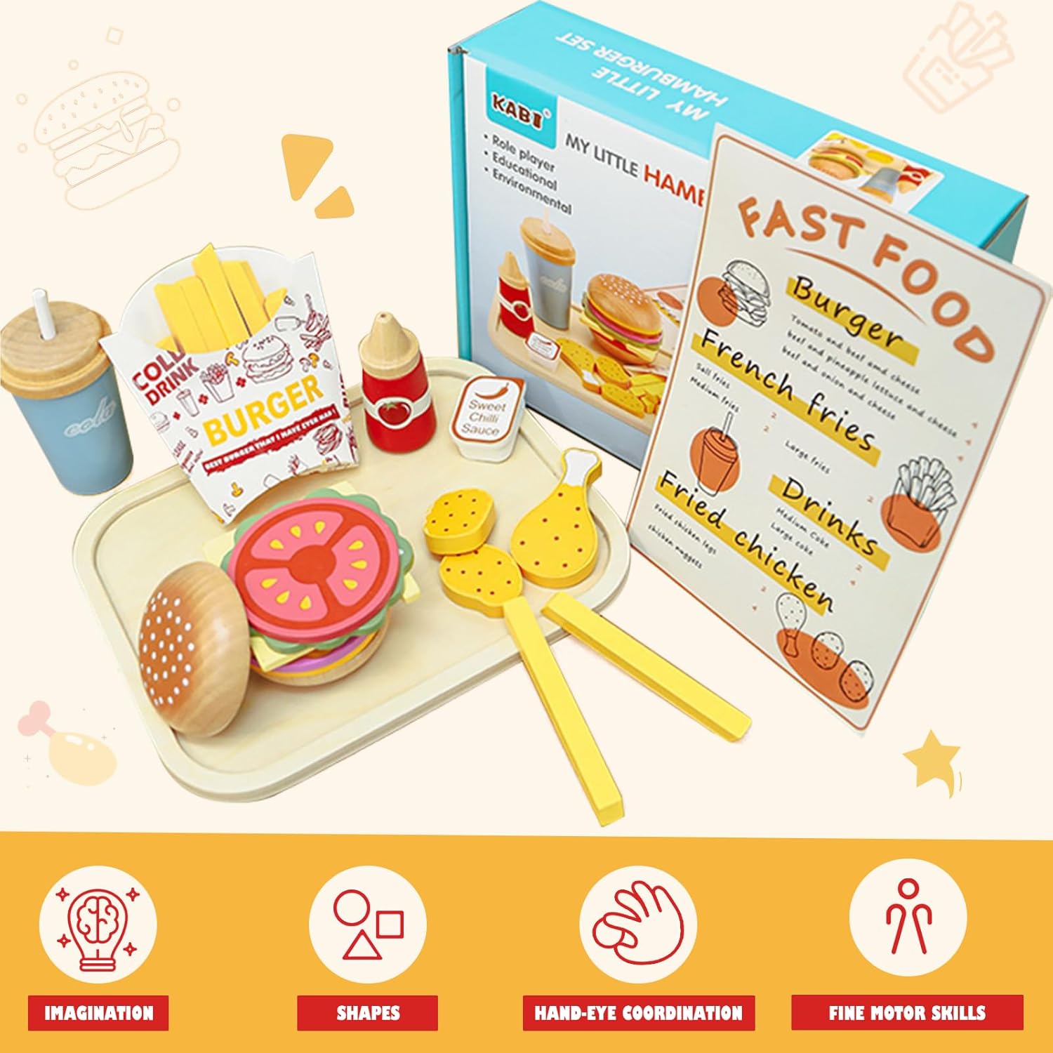 Wooden Play Fast Food Set Play Kitchen Accessories, Pretend Play Food Hamburger French Fries Toy, Restaurant Play Set Role Play Toys for Toddlers,Educational Birthday Gifts for Boys Girls
