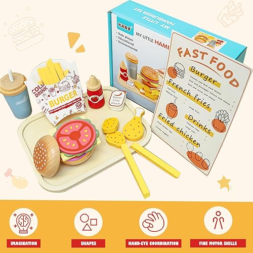 Miniatura 2 de Juego de madera para jugar comida rápida, accesorios de cocina, hamburguesa y papas fritas, juego de restaurante, juguetes de juego de rol para