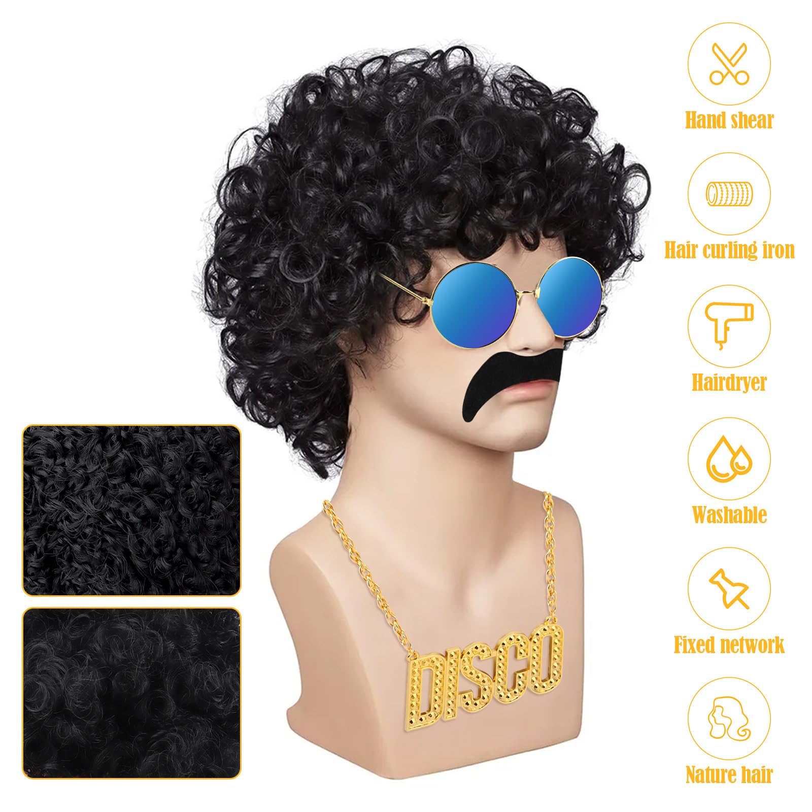 Set Accessori Hippie Uomo Donna - Parrucca Afro, Occhiali Rotondi, Barba E Collana Pace Per Feste Anni 60 70