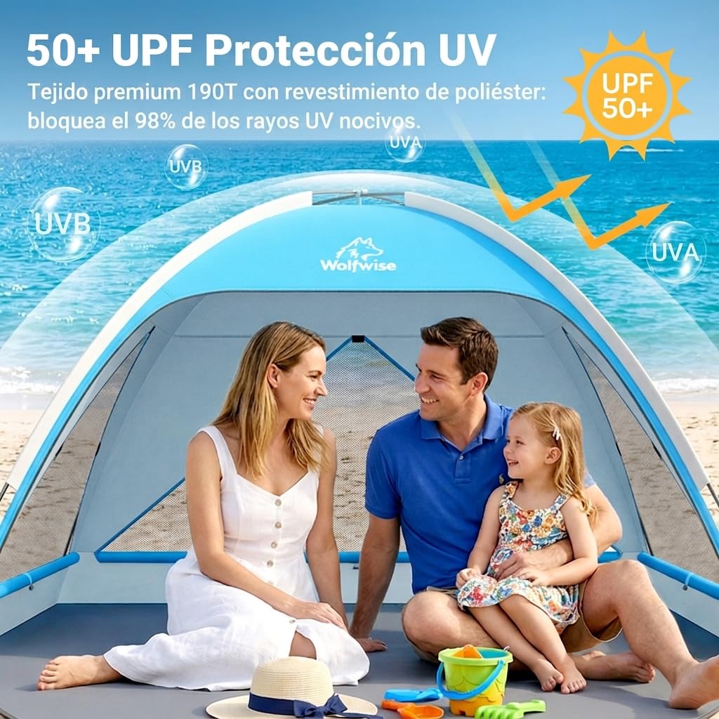 Wolfwise Tienda de Playa UPF 50+ para Familia, Refugio Solar Anti-UV con 3 Ventanas Ventiladas, Suelo Extensible y Bolsa de Transporte, Capacidad 3 Personas, Azul