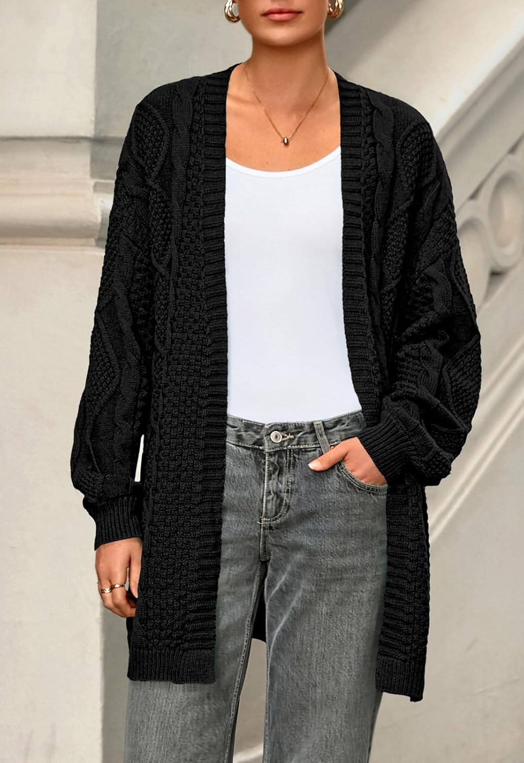 PRETTYGARDEN Women's Cable Knit Open Front Spring Sweater Lantern Long Sleeve Chunky Cardigan Sweaters Trendy Outerwear Coats - Image 2