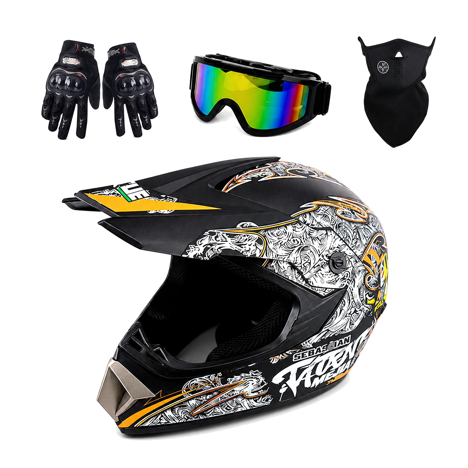 Crosshelm Motocross Helm Set mit Zubehör, Offroad ABS Dirt Bike ATV Quad | ABS Vollvisierhelm für Dirt Bike ATV Quad Enduro, 3-teiliges Zubehörset, 4 Belüftungsbereiche, abnehmbare Ohrpolster