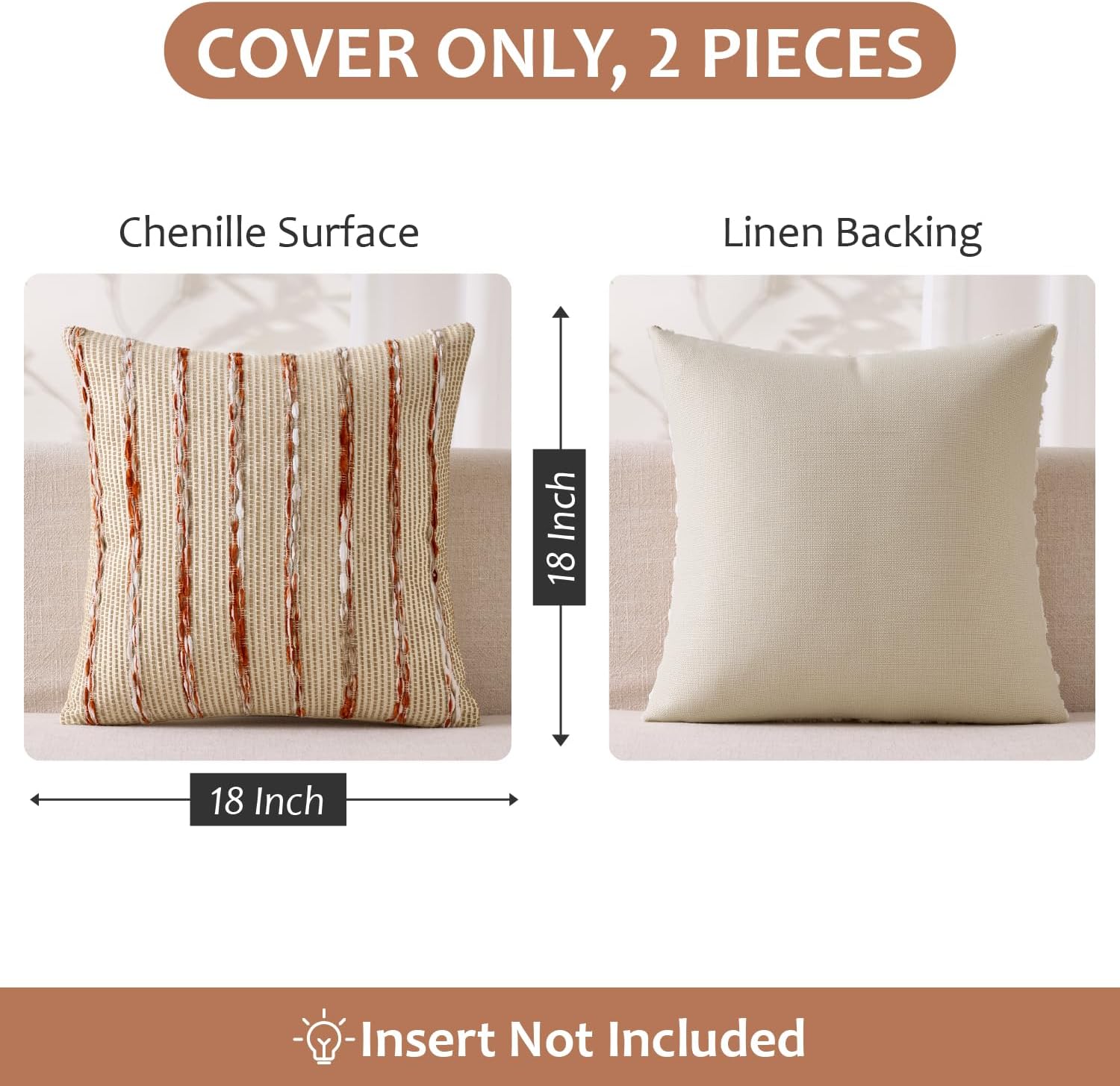 ANRODUO Boho Woven Chenille Pillow Covers 18x18 Inch Set of 2 Soft Textured Decorative Cushion Case with Striped Farmhouse Accent Neutral Pillowcase for Couch Sofa Bed Living Room Decor, Rust Stripe