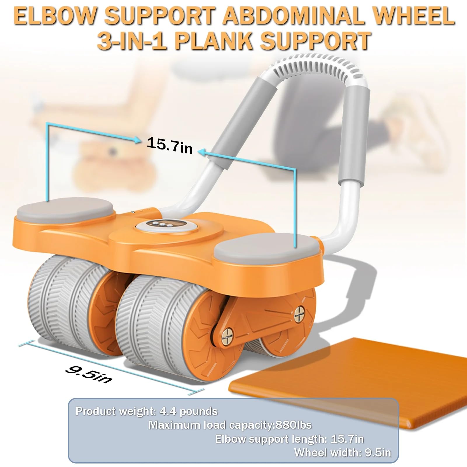 Rueda de rodillo para abdominales con alfombrilla para rodillas y temporizador, rueda abdominal doble de rebote automático, rodillo de ejercicio abdominal para abdominales con soporte para codo
